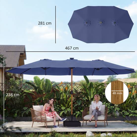 Parasol double à 12 baleines avec manivelle, base en croix et sacs de sable, 4,7x2,8 m, bleu foncé - Image 5