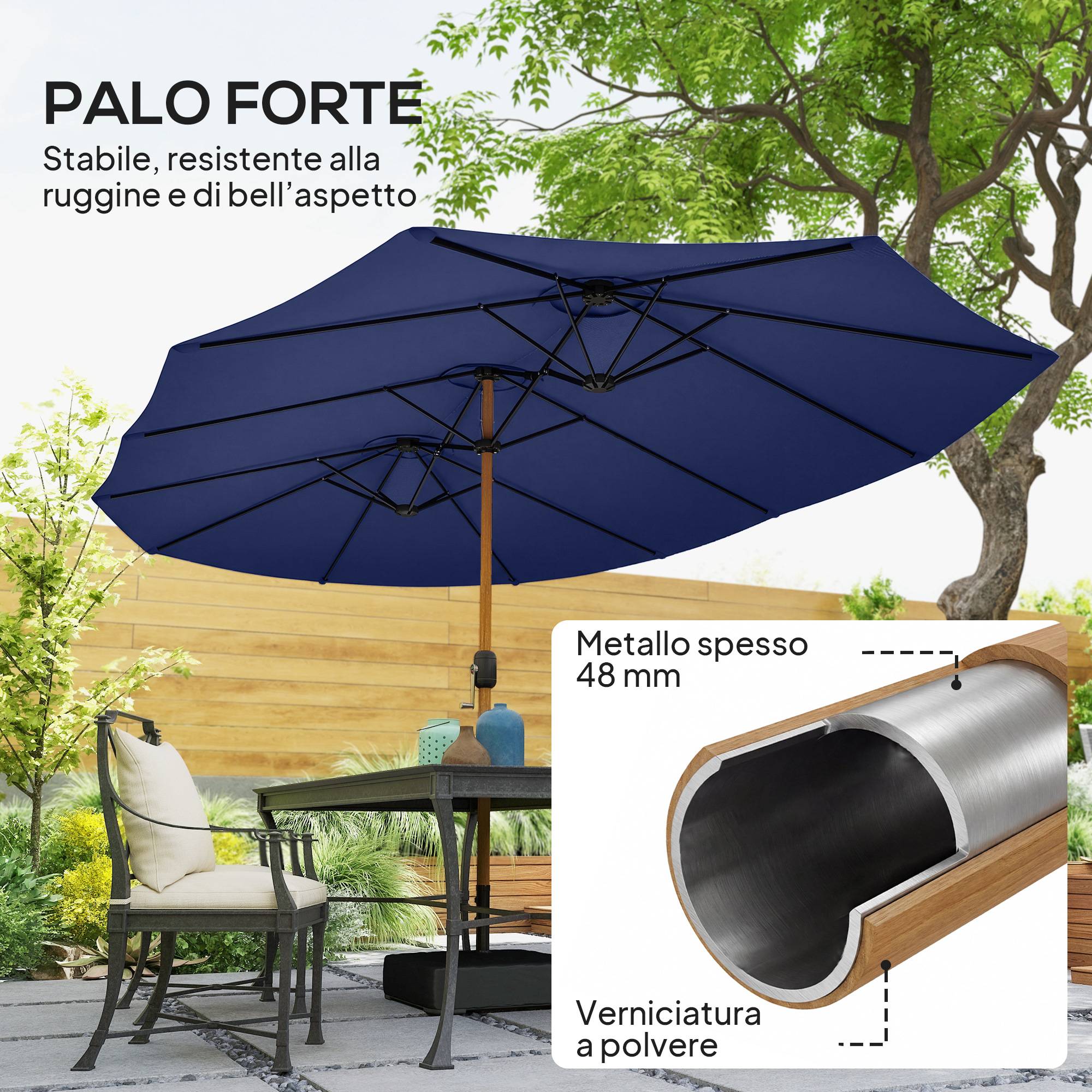 Parasol double à 12 baleines avec manivelle, base en croix et sacs de sable, 4,7x2,8 m, bleu foncé - Image 8