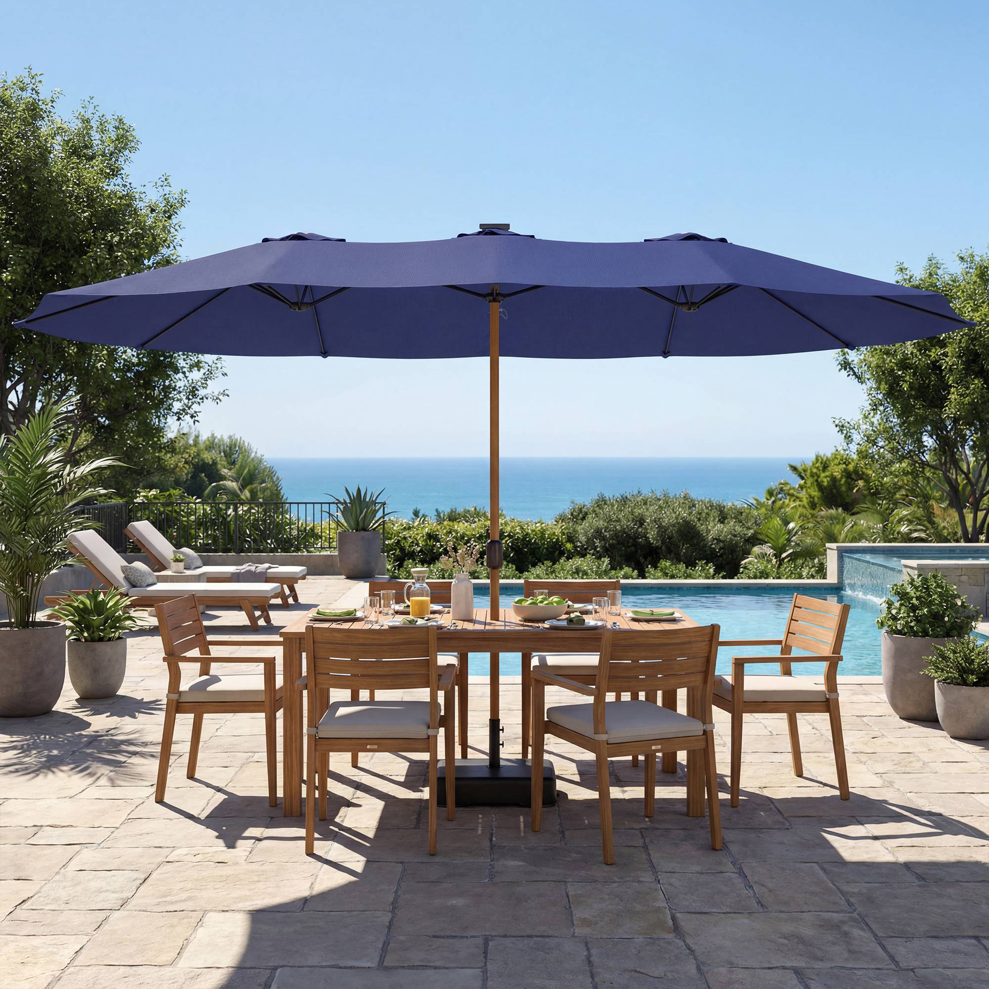 Parasol double à 12 baleines avec manivelle, base en croix et sacs de sable, 4,7x2,8 m, bleu foncé - Image 3