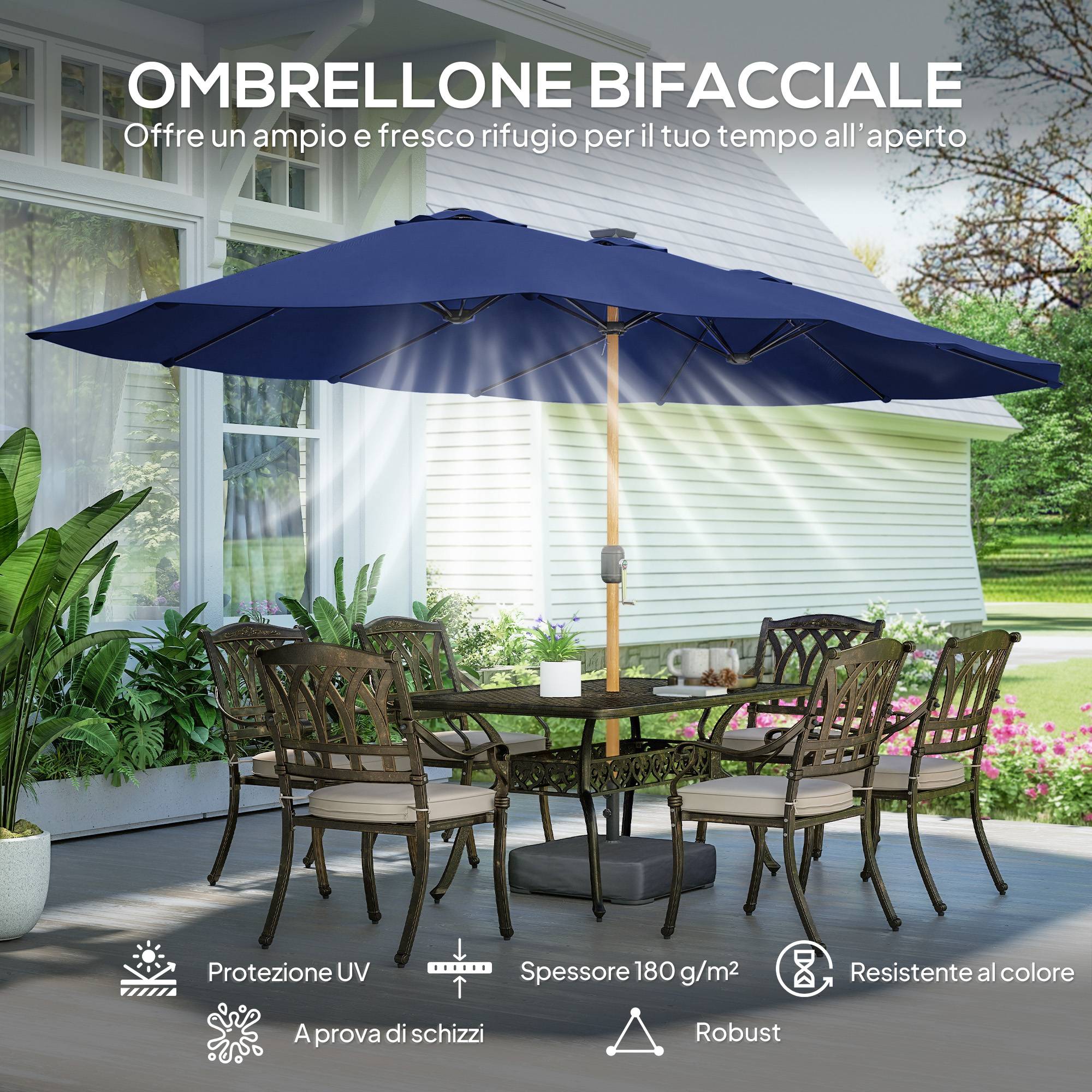 Parasol double à 12 baleines avec manivelle, base en croix et sacs de sable, 4,7x2,8 m, bleu foncé - Image 6