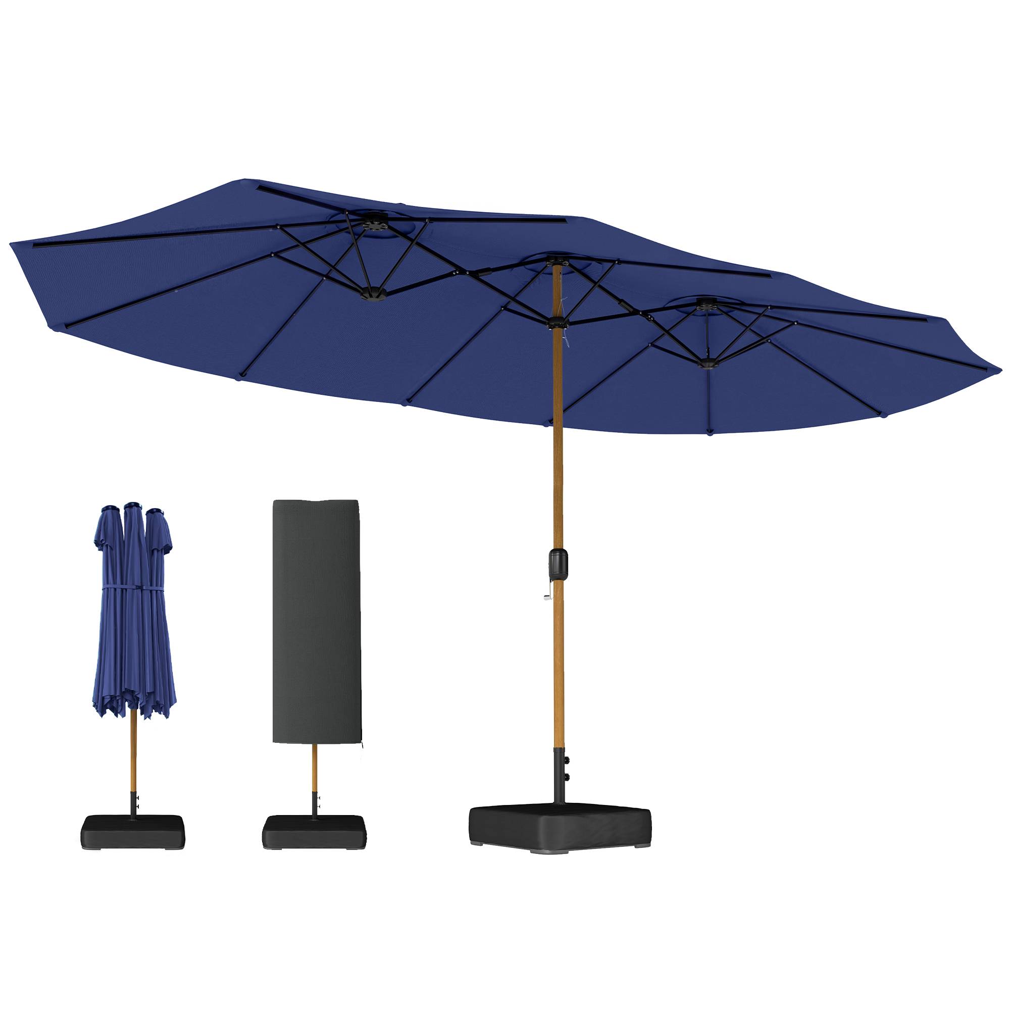Parasol double à 12 baleines avec manivelle, base en croix et sacs de sable, 4,7x2,8 m, bleu foncé - Image 1