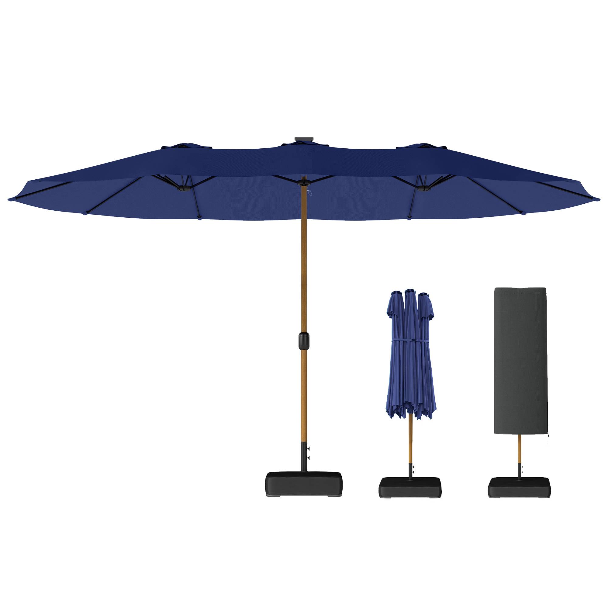 Parasol double à 12 baleines avec manivelle, base en croix et sacs de sable, 4,7x2,8 m, bleu foncé - Image 2
