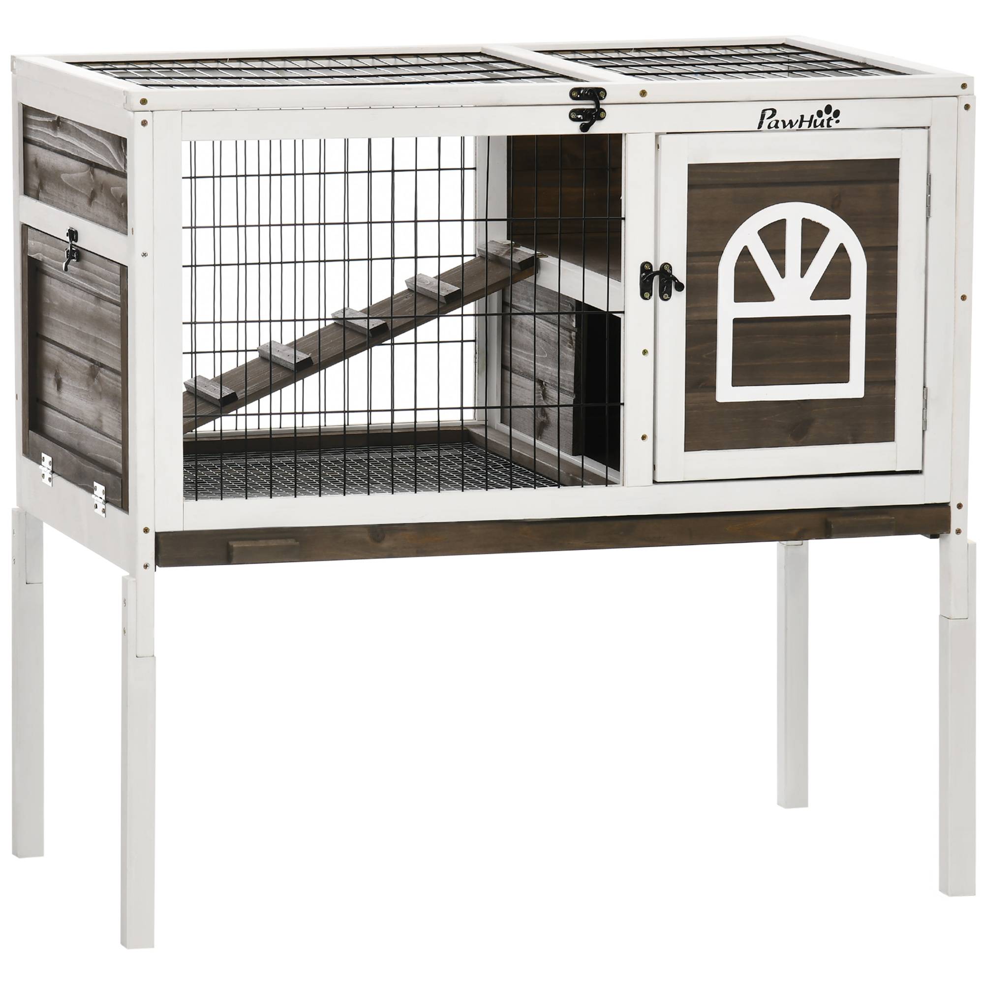 Clapier à lapins cage lapin intérieur, avec bac amovible, 2 portes verrouillables, échelle, 90 x 53 x 87 cm, café - Image 1