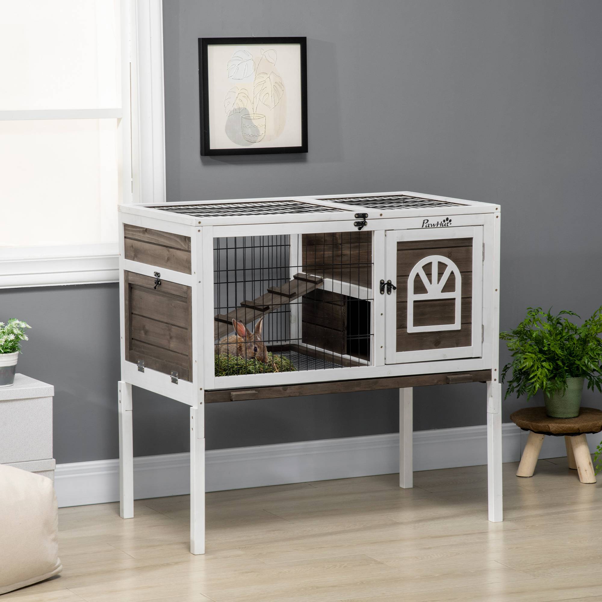 Clapier à lapins cage lapin intérieur, avec bac amovible, 2 portes verrouillables, échelle, 90 x 53 x 87 cm, café - Image 4