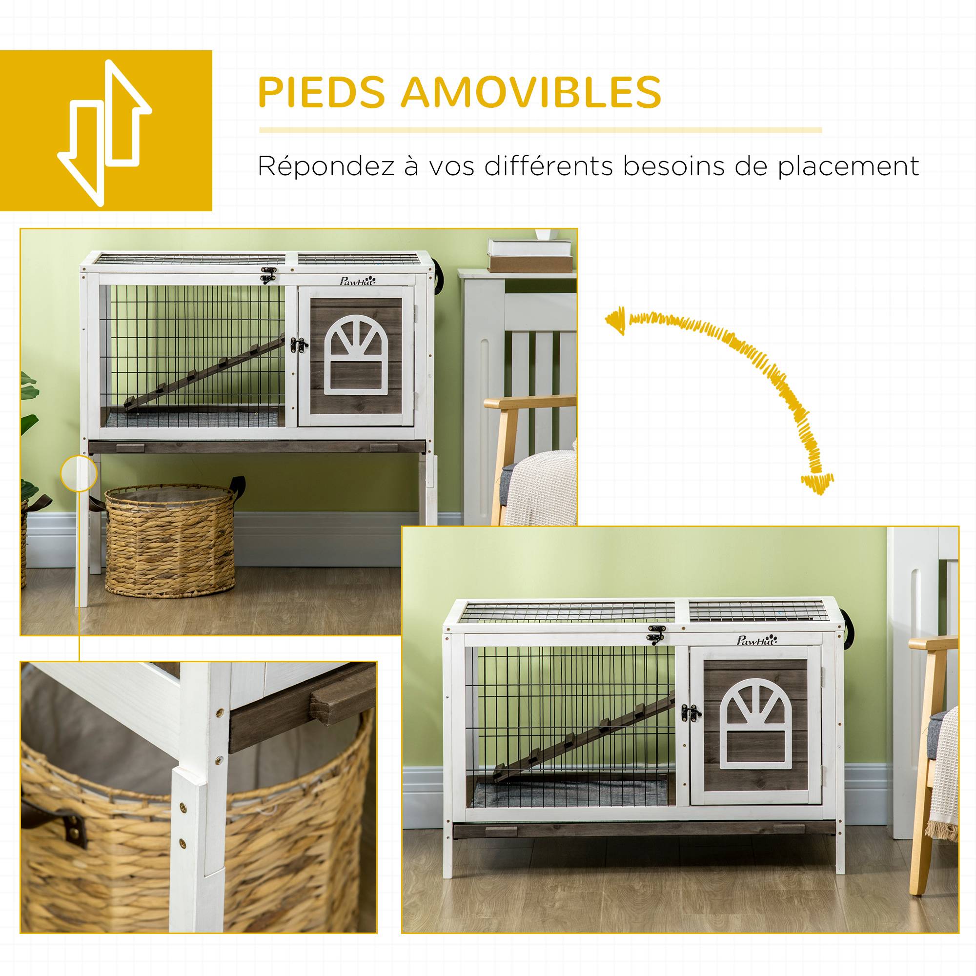 Clapier à lapins cage lapin intérieur, avec bac amovible, 2 portes verrouillables, échelle, 90 x 53 x 87 cm, café - Image 9