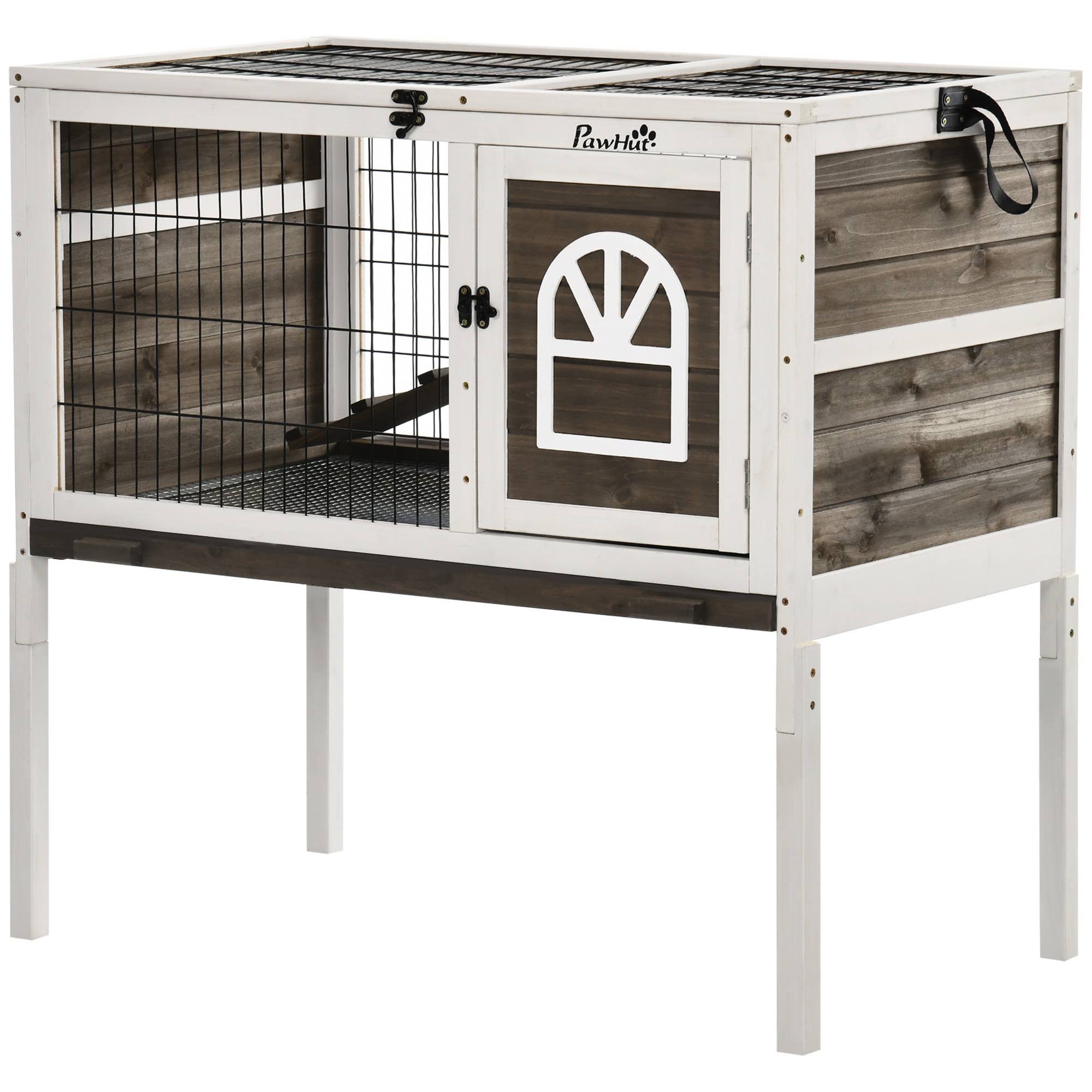 Clapier à lapins cage lapin intérieur, avec bac amovible, 2 portes verrouillables, échelle, 90 x 53 x 87 cm, café - Image 2