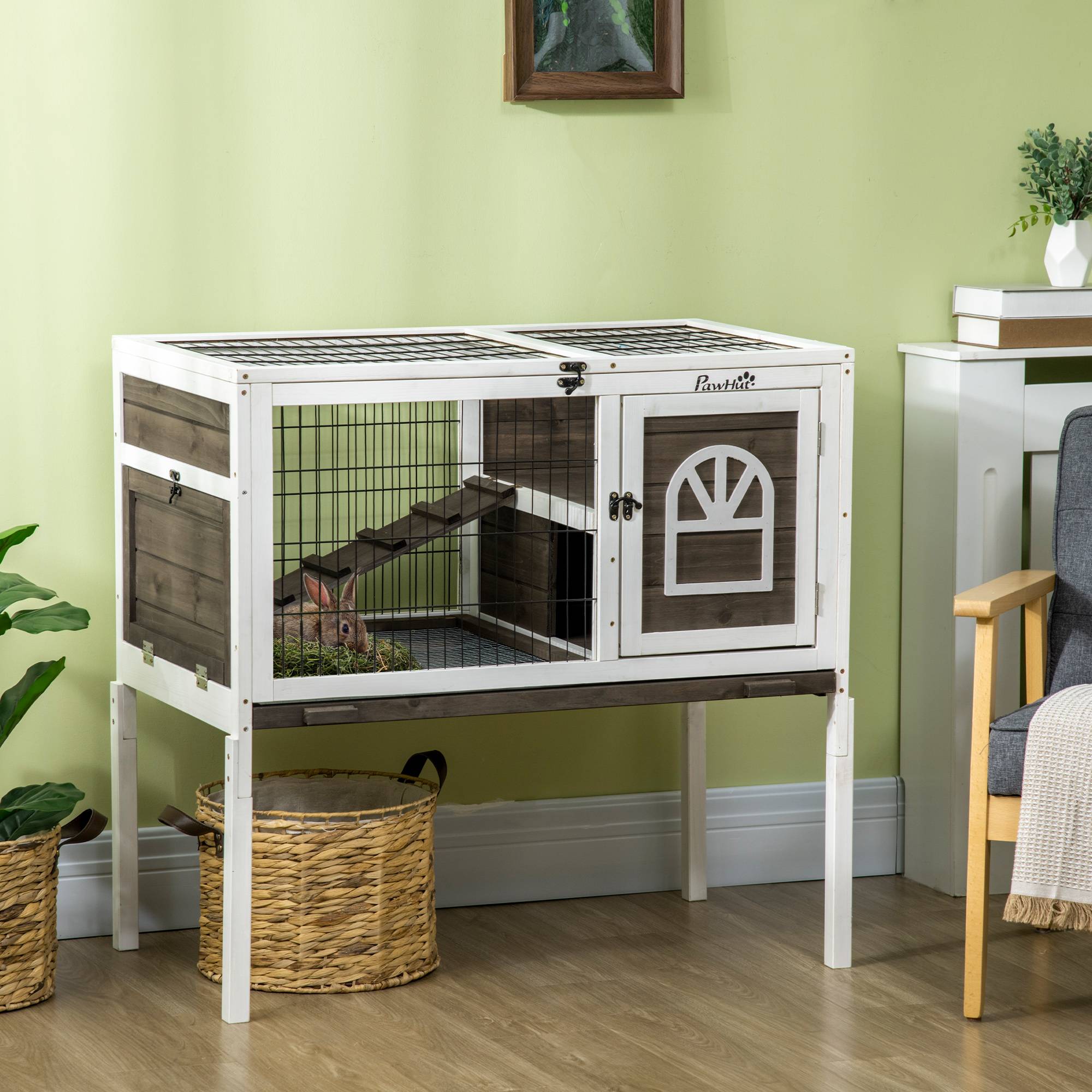 Clapier à lapins cage lapin intérieur, avec bac amovible, 2 portes verrouillables, échelle, 90 x 53 x 87 cm, café - Image 3