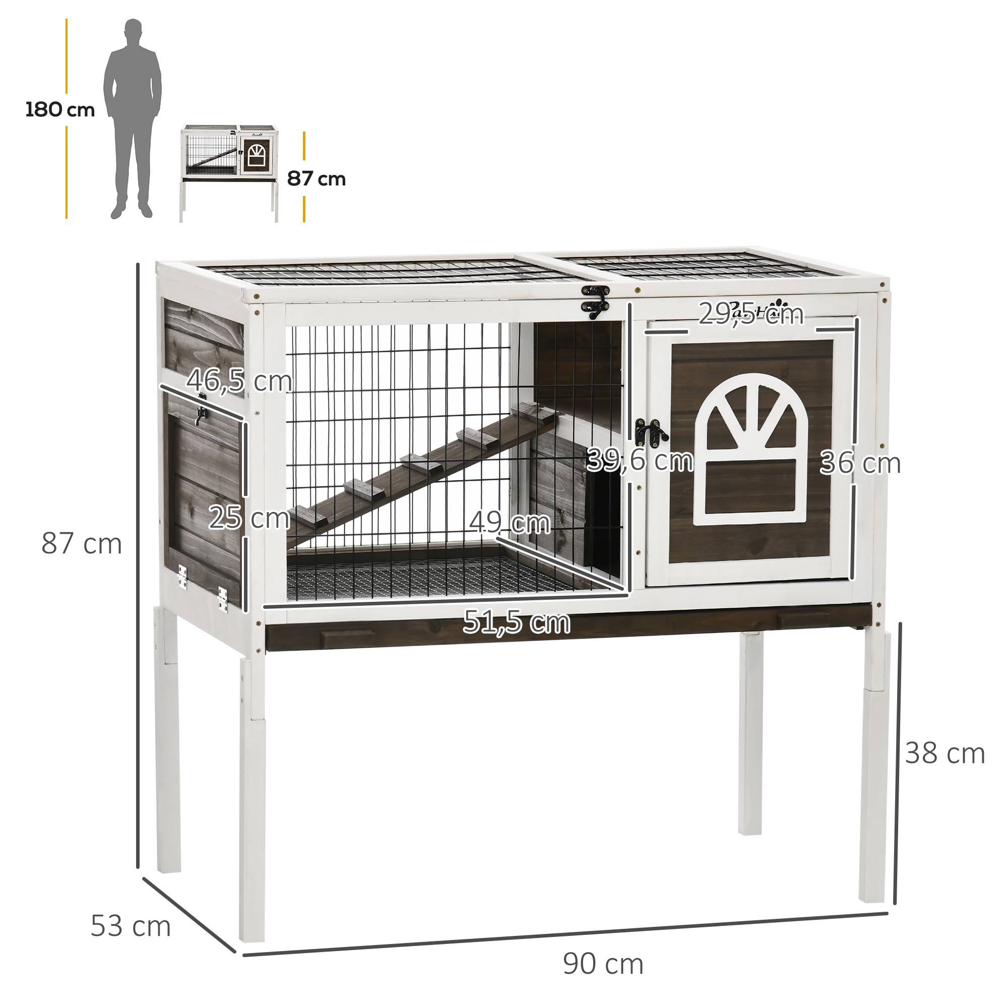 Clapier à lapins cage lapin intérieur, avec bac amovible, 2 portes verrouillables, échelle, 90 x 53 x 87 cm, café - Image 5