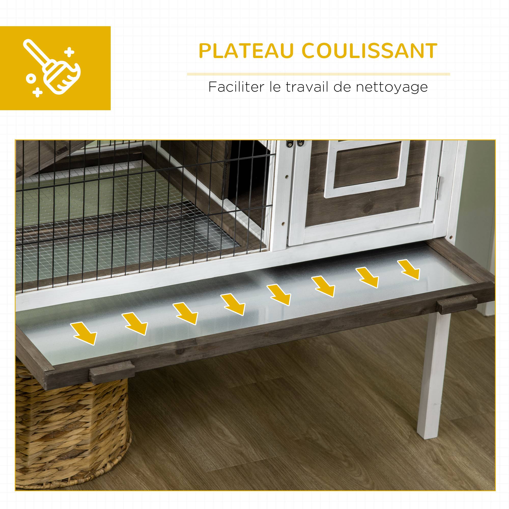 Clapier à lapins cage lapin intérieur, avec bac amovible, 2 portes verrouillables, échelle, 90 x 53 x 87 cm, café - Image 8