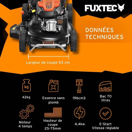 FUXTEC - Tondeuse thermique autotractée FUXTEC FX-RM5396ESPRO – 53 cm, 6 CV, 196 cm³, bac 70 L, démarrage électrique, vitesse réglable - FUXTEC - Image 3