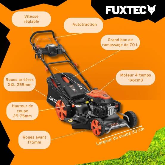 FUXTEC - Tondeuse thermique autotractée FUXTEC FX-RM5396ESPRO – 53 cm, 6 CV, 196 cm³, bac 70 L, démarrage électrique, vitesse réglable - FUXTEC - Image 6