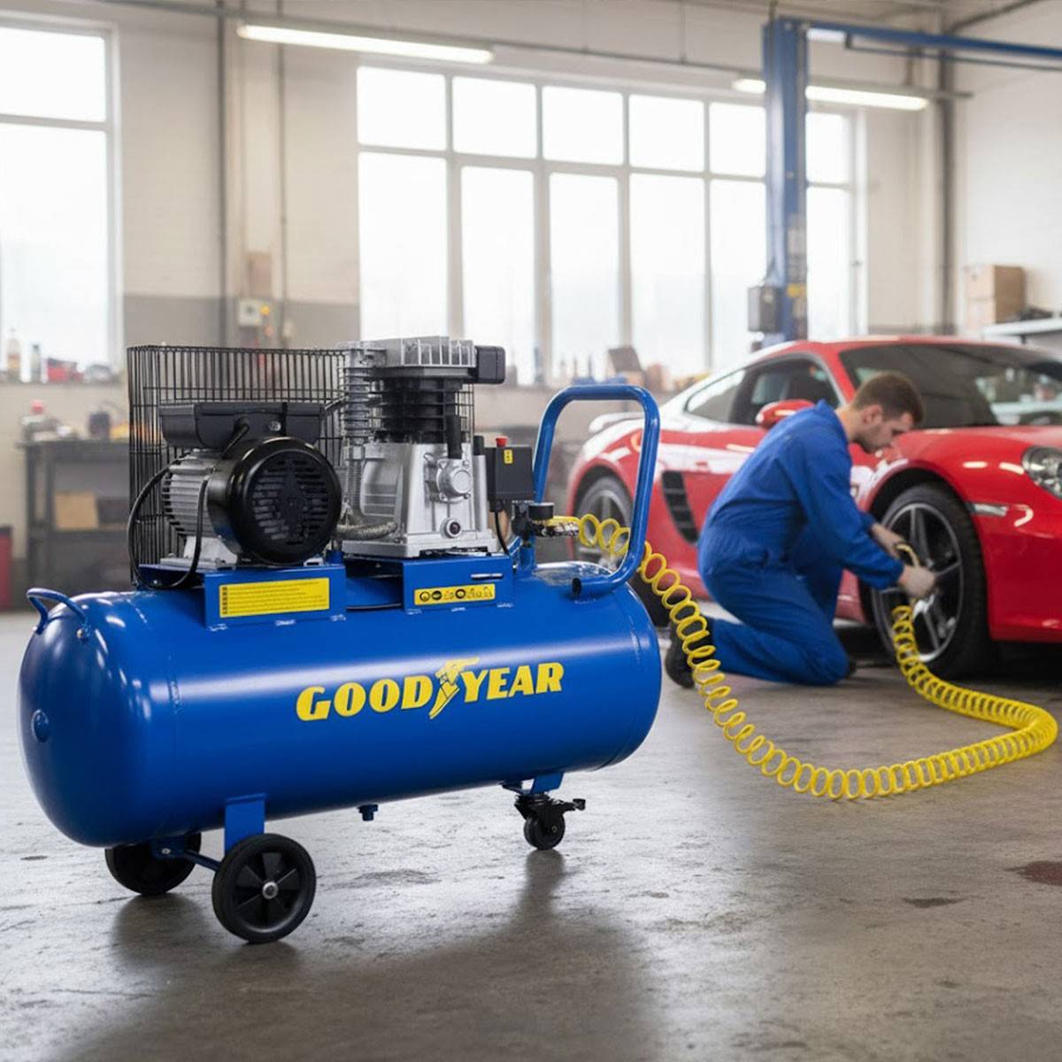 Compresseur d'air 10 bars Réservoir 100L à Courroie 3CV 2250W Débit air 350L/min GOODYEAR - Imagen 2