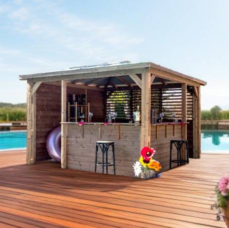 Pool house BLUETERM en bois massif traité très haute température - 1 paroi avec ventelles, 1 paroi avec mur plein et 2 parois avec comptoirs - Image 2