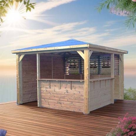 Pool house BLUETERM en bois massif traité très haute température - 1 paroi avec ventelles, 1 paroi avec mur plein et 2 parois avec comptoirs - Image 3