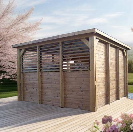Pool house BLUETERM en bois massif traité très haute température - 1 paroi avec ventelles, 1 paroi avec mur plein et 2 parois avec comptoirs - Image 4