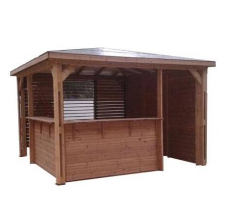 Pool house BLUETERM en bois massif traité très haute température - 1 paroi avec ventelles, 1 paroi avec mur plein et 2 parois avec comptoirs - Image 1