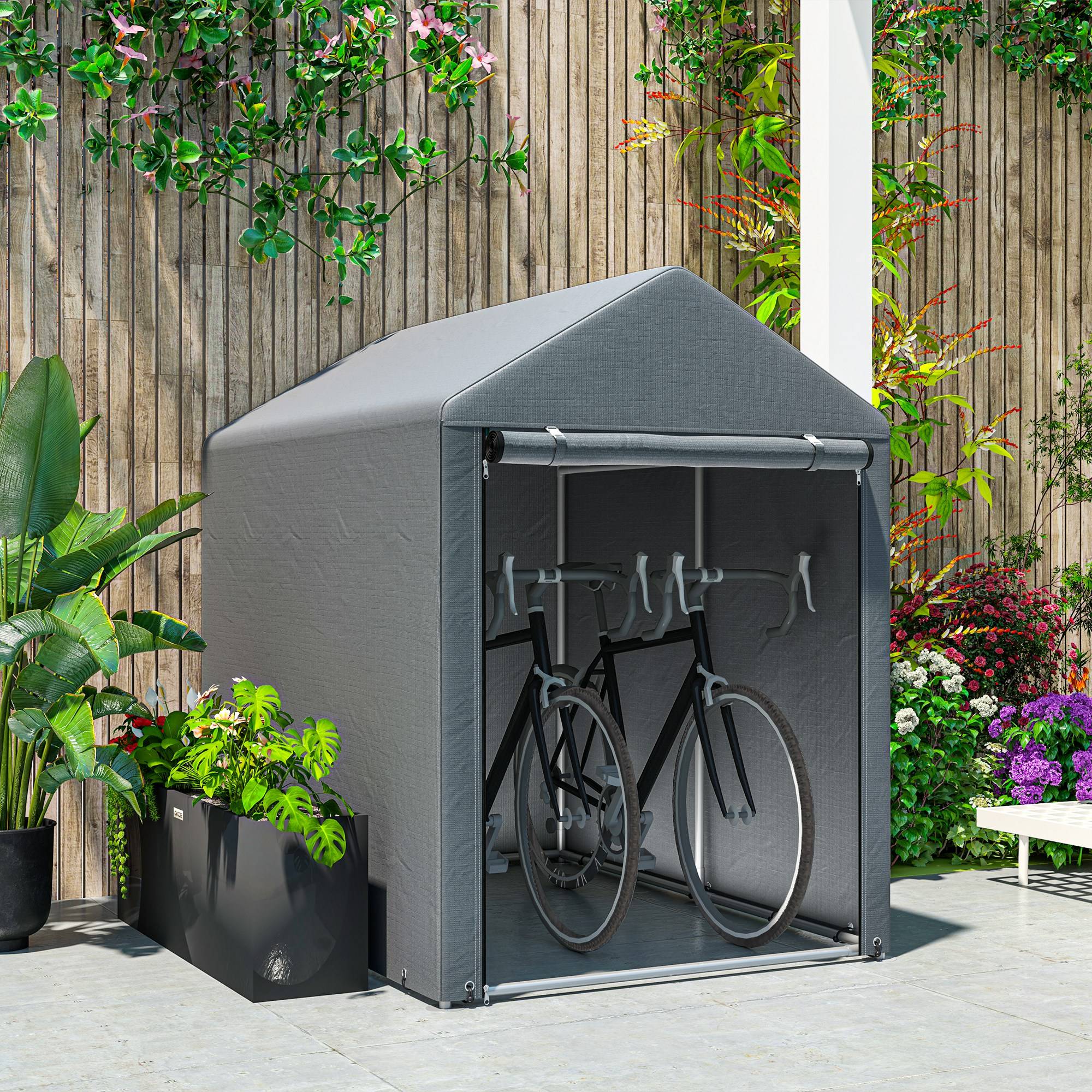 Tente de stockage toile PE extérieur abri vélos outils porte zippée 120x179x165cm gris - ComfortXL Outdoor Living - Image 9
