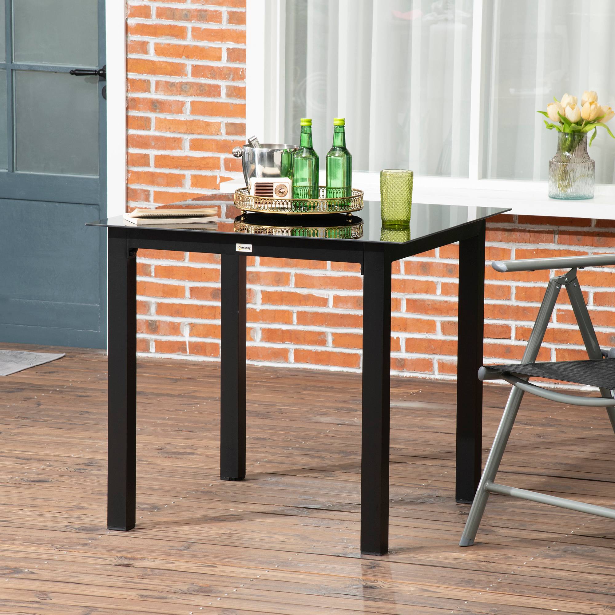 Table carrée verre trempé aluminium noir 80x80x74cm, 4 personnes jardin balcon - Image 2