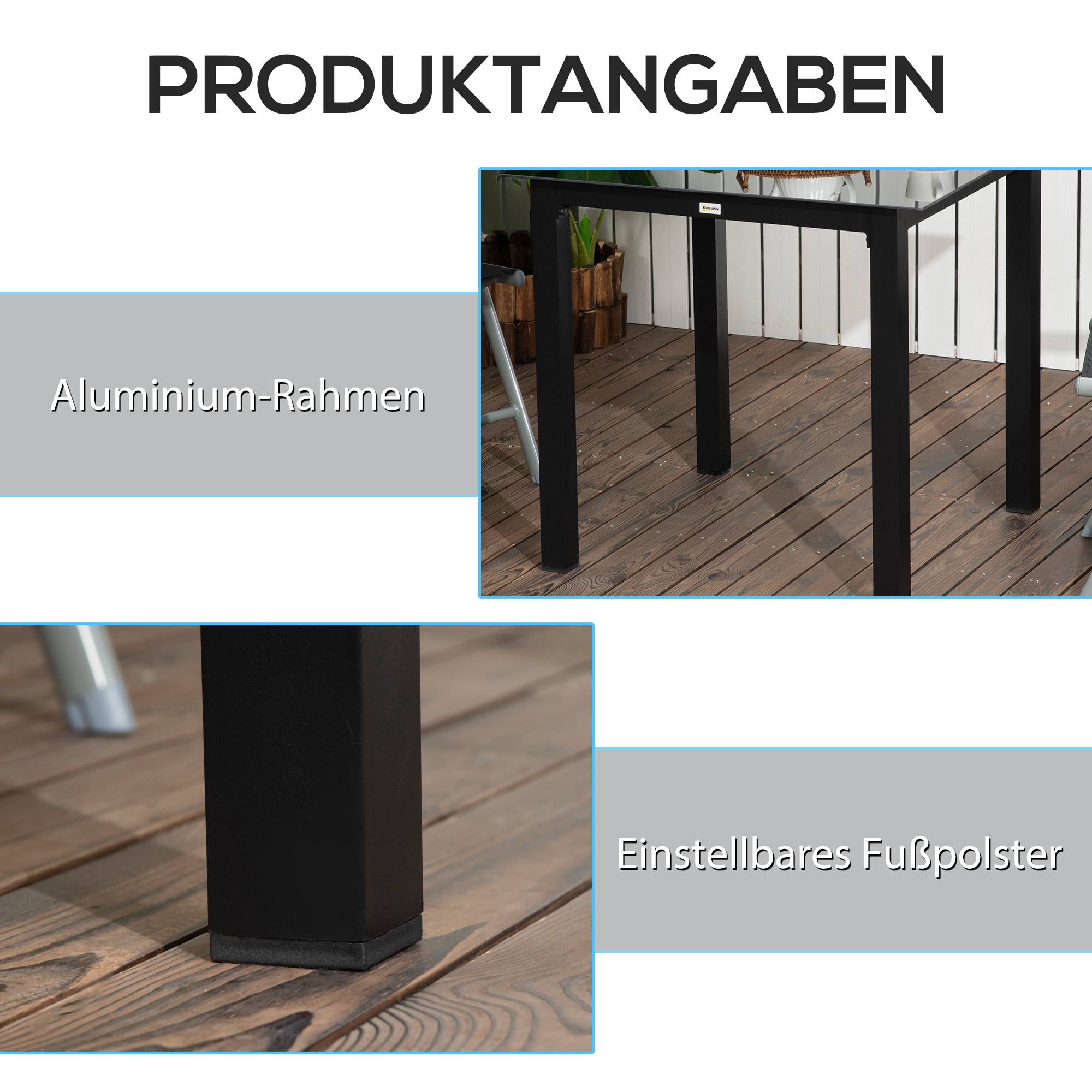 Table carrée verre trempé aluminium noir 80x80x74cm, 4 personnes jardin balcon - Image 5