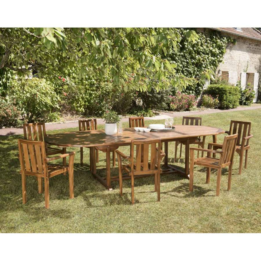Macabane - HANNA - Salon de jardin en bois teck huilé 10/12 personnes - 1 table ovale extensible 200/300*120 cm et 8 fauteuils empilables - Imagen 2