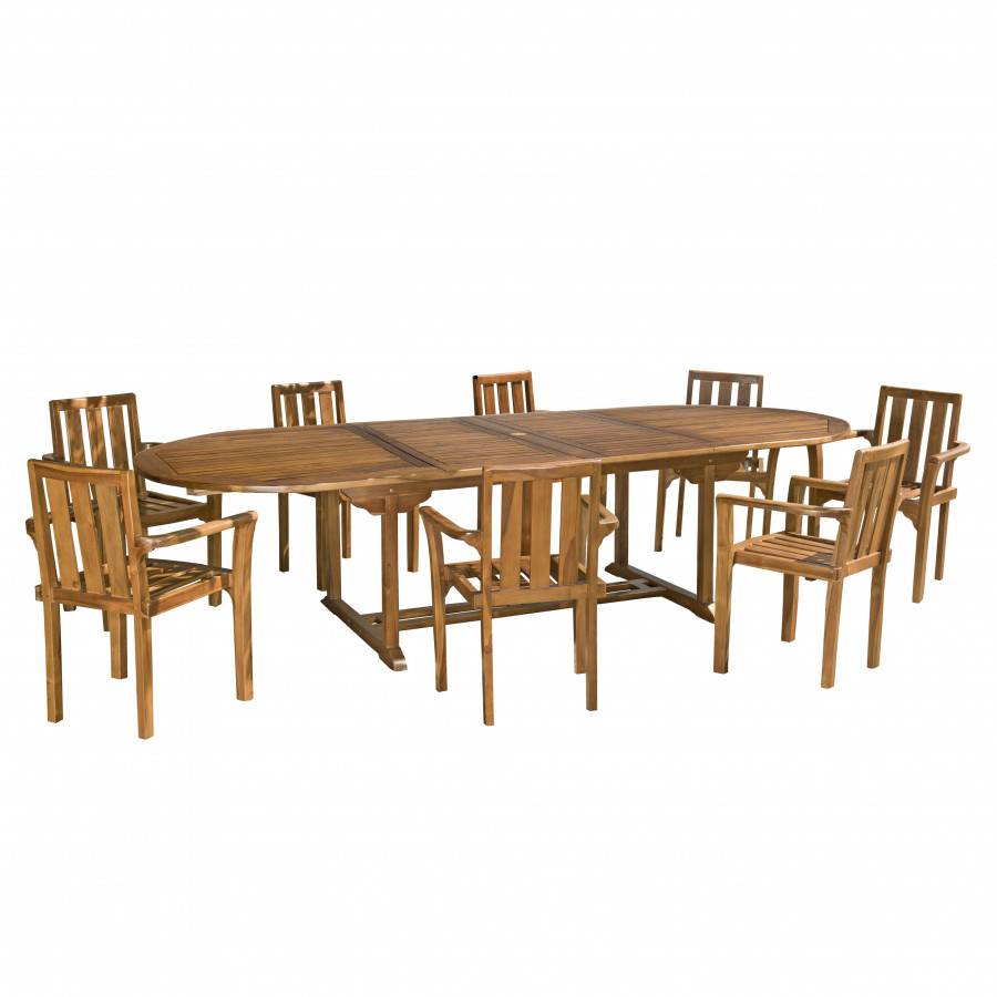 Macabane - HANNA - Salon de jardin en bois teck huilé 10/12 personnes - 1 table ovale extensible 200/300*120 cm et 8 fauteuils empilables - Imagen 1