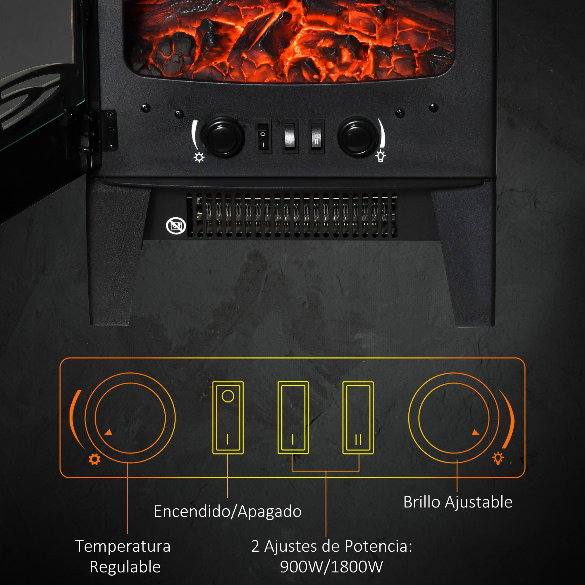 Cheminée électrique 900W/1800W effet flamme température réglable et protection anti-surchauffe noir - Image 8