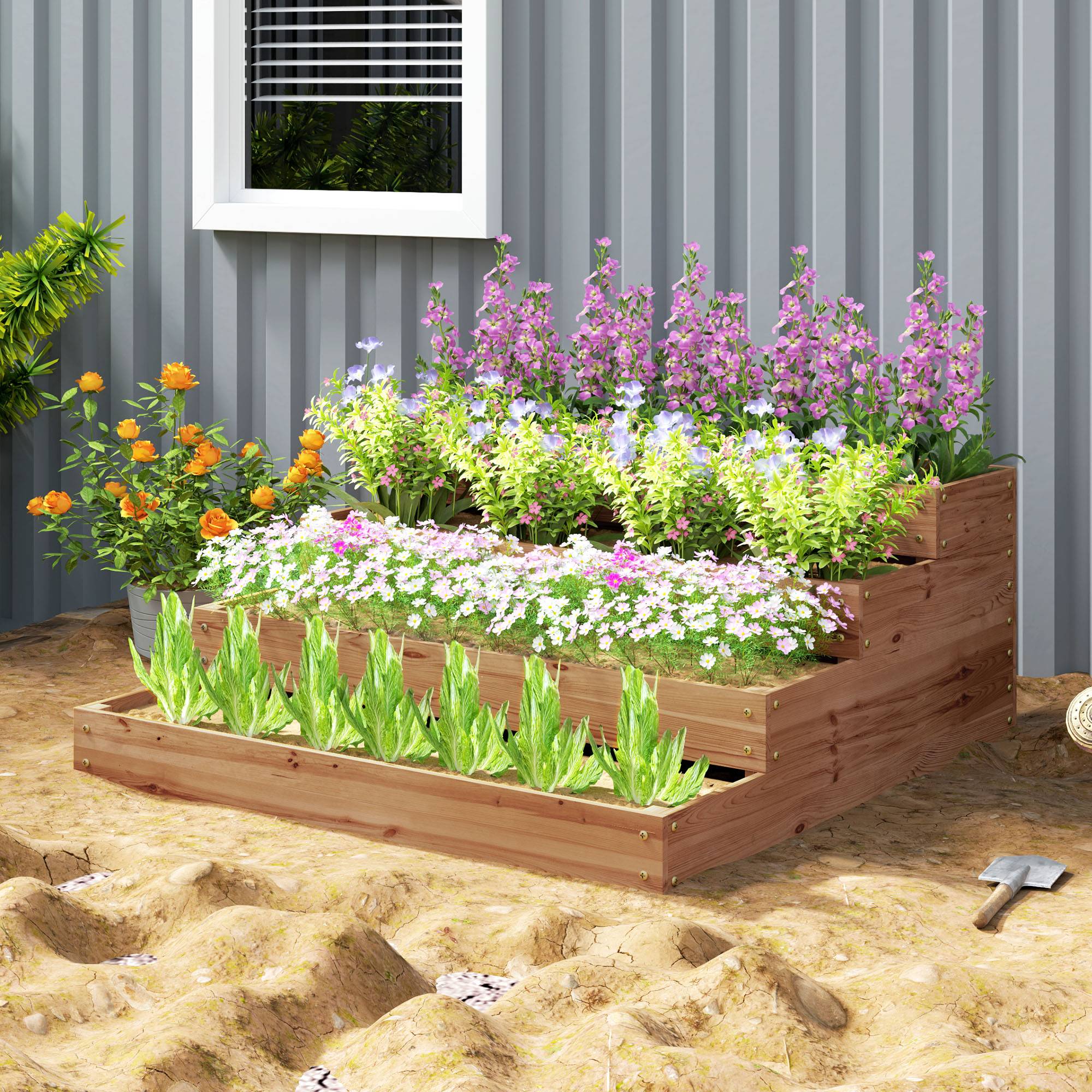 potager surélevé 4 niveaux bois sapin fond ouvert 113x113x46 jardin potager marron - Image 4