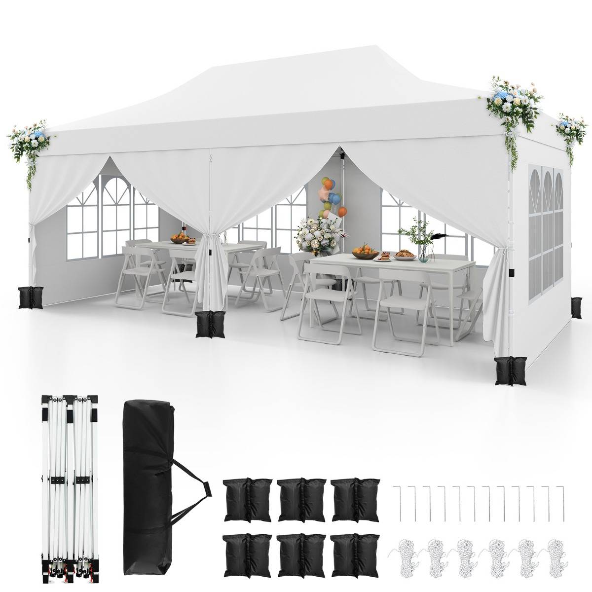 Tonnelle de Jardin 3x6M avec 6 Parois Latérales Amovibles Tente de Reception Escamotable avec Sac de Transport Protection Solaire Blanc F359R - Image 1