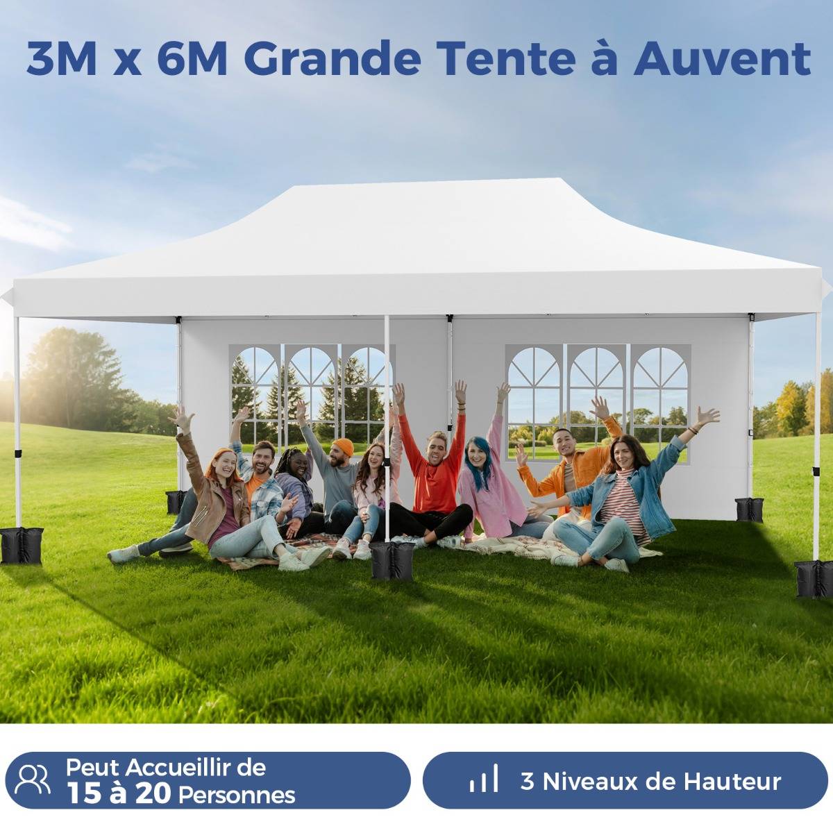 Tonnelle de Jardin 3x6M avec 6 Parois Latérales Amovibles Tente de Reception Escamotable avec Sac de Transport Protection Solaire Blanc F359R - Image 8