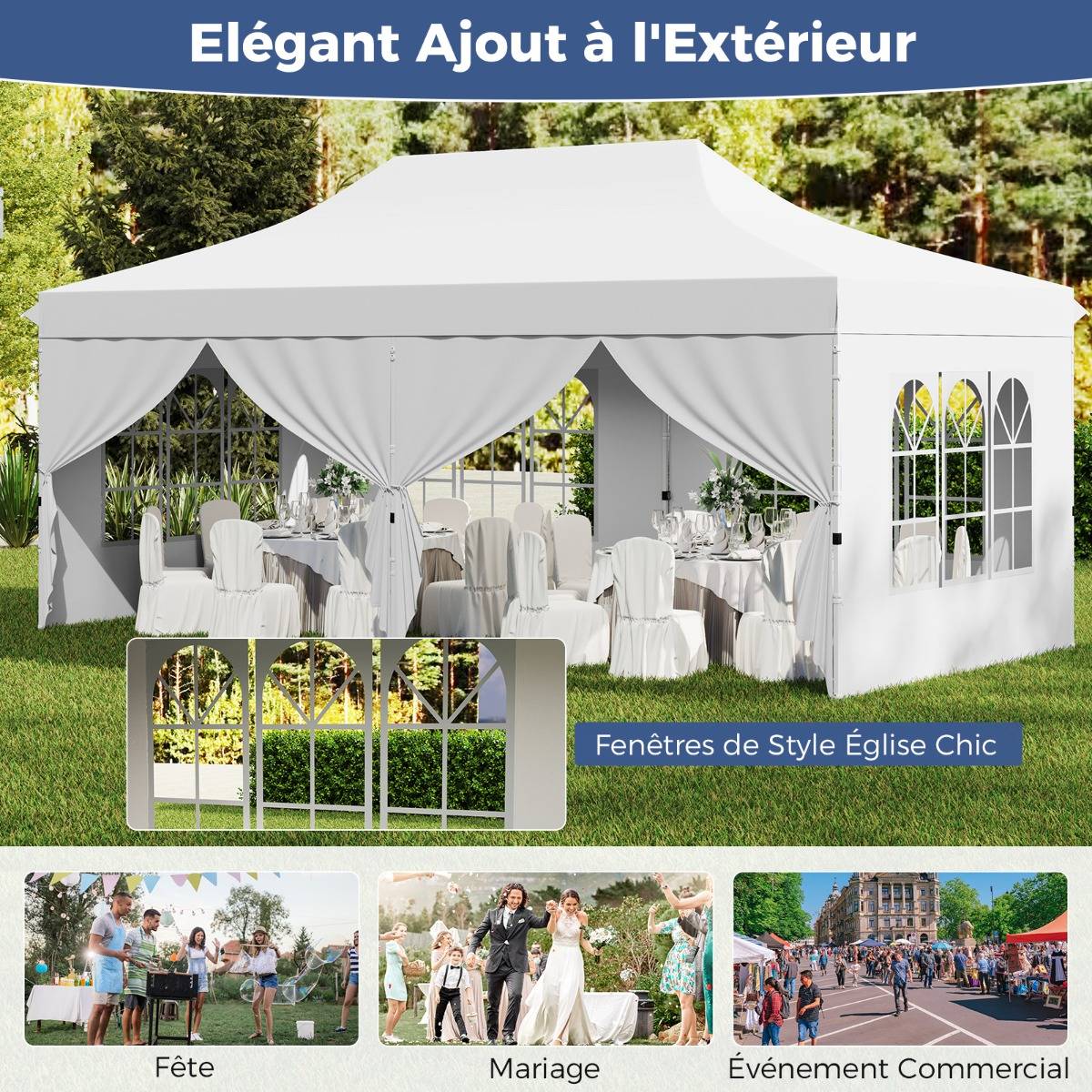 Tonnelle de Jardin 3x6M avec 6 Parois Latérales Amovibles Tente de Reception Escamotable avec Sac de Transport Protection Solaire Blanc F359R - Image 6