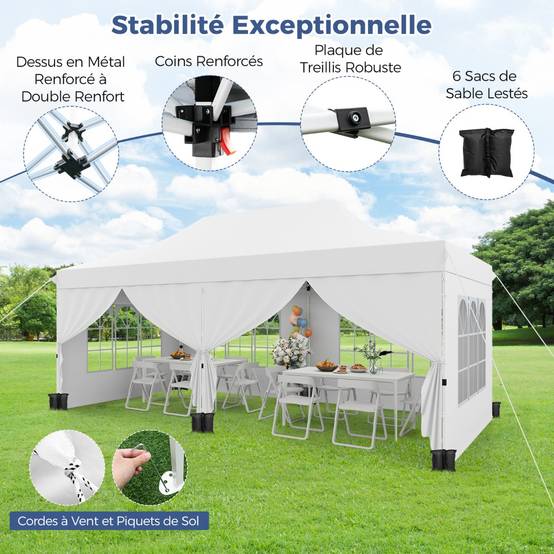 Tonnelle de Jardin 3x6M avec 6 Parois Latérales Amovibles Tente de Reception Escamotable avec Sac de Transport Protection Solaire Blanc F359R - Image 2