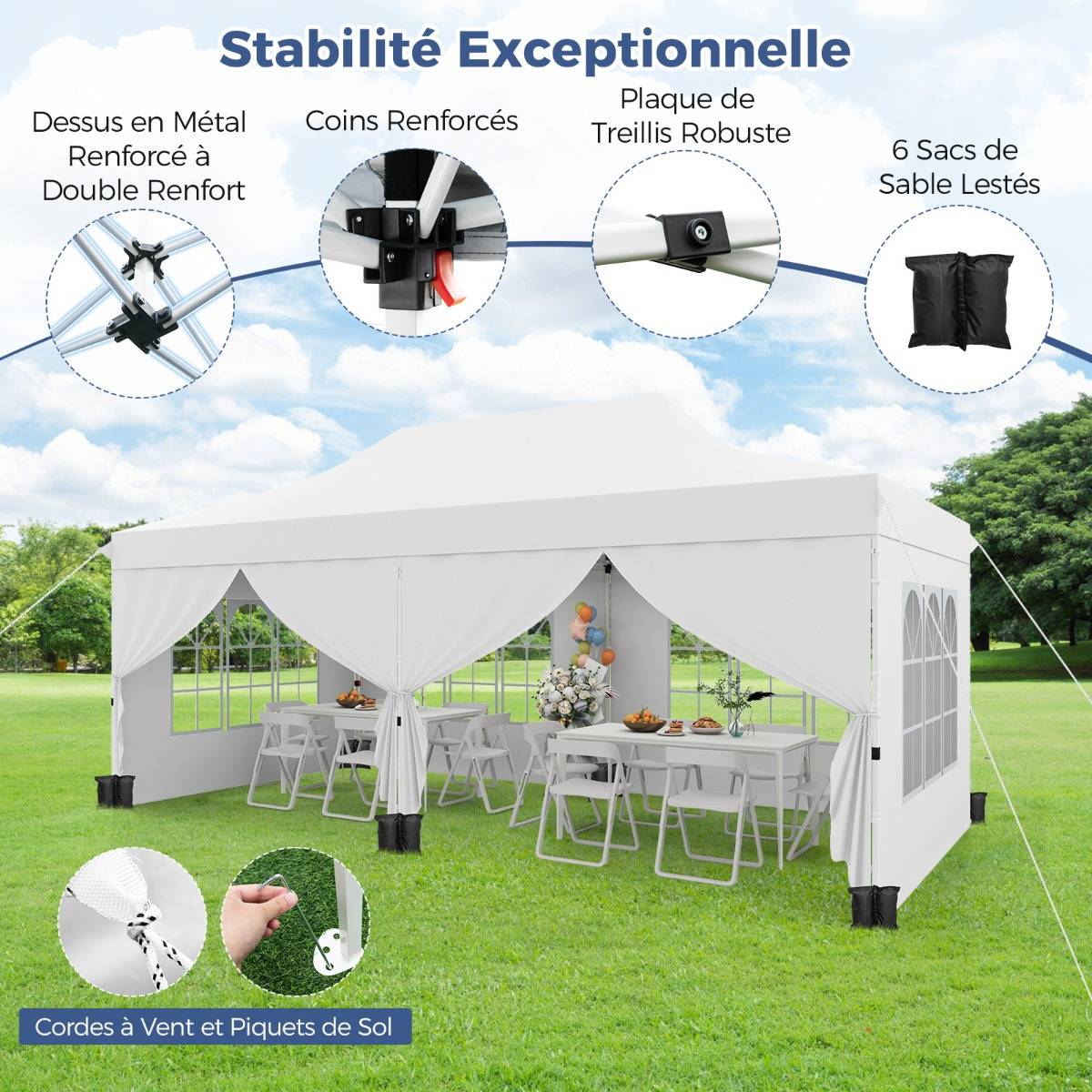 Tonnelle de Jardin 3x6M avec 6 Parois Latérales Amovibles Tente de Reception Escamotable avec Sac de Transport Protection Solaire Blanc F359R - Image 2