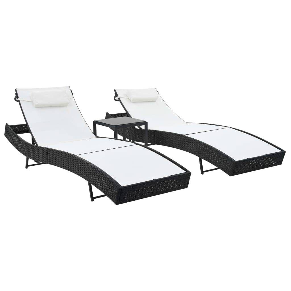 Helloshop26 - Lot de 2 transats chaise longue bain de soleil lit de jardin terrasse meuble d'extérieur et table résine tressée et textilène noir - Imagen 1