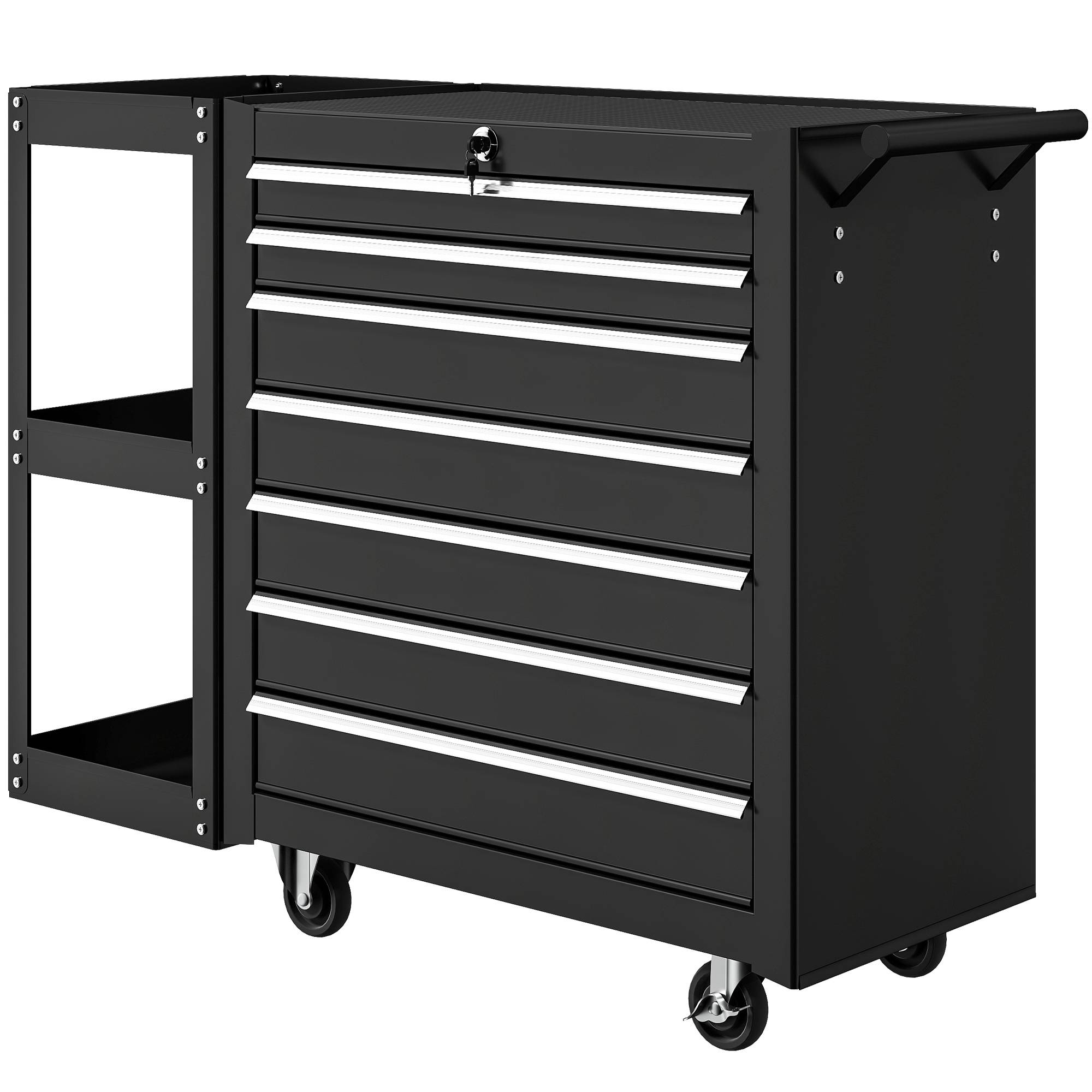 Sans Marque - Chariot atelier 7 tiroirs, étagère latérale amovible, 4 roues freinées, 96x33,5x75cm, noir - Image 2