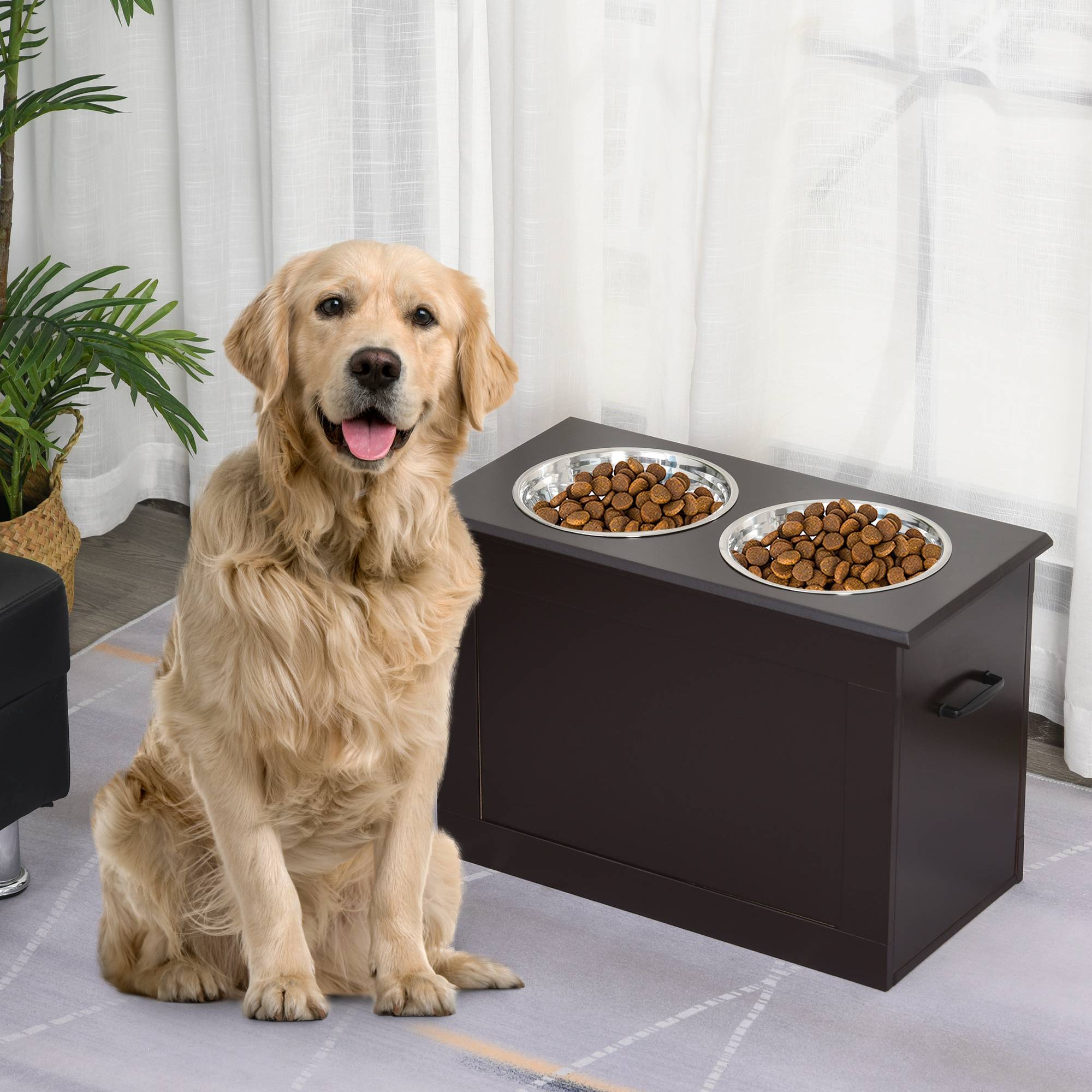 Gamelle surélevée pour grands chiens avec 2 gamelles de 2000 ml et rangement dissimulé, 60 x 30 x 41 cm, marron foncé - Image 3