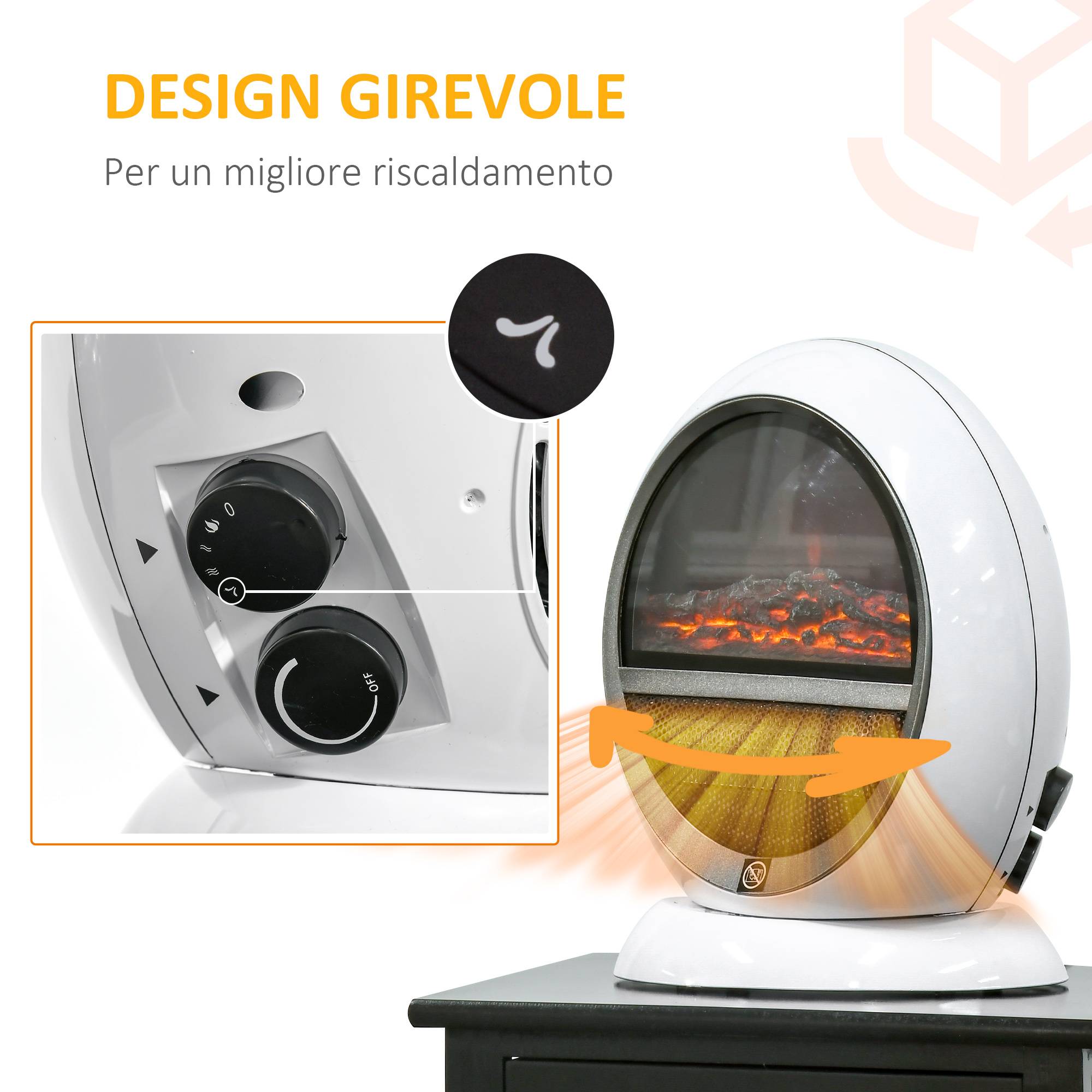 Cheminée électrique portable 1500 W, effet flamme rotatif, protection surchauffe et anti-basculement, 10-15 m², 30,5 x 18 x 35 cm, blanche - Image 7
