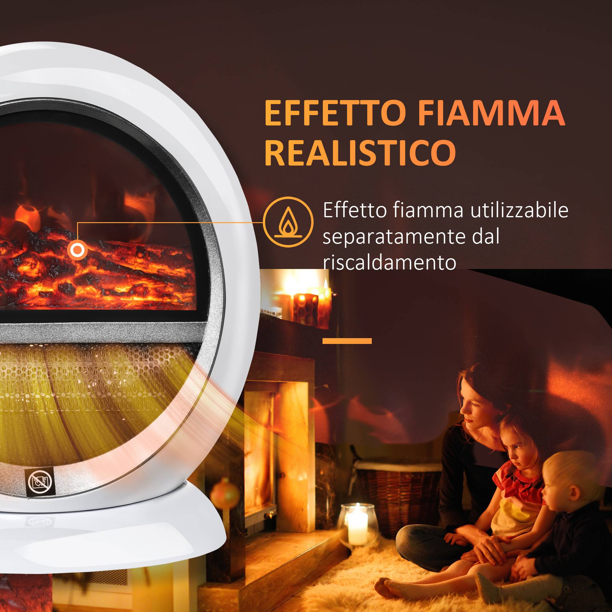 Cheminée électrique portable 1500 W, effet flamme rotatif, protection surchauffe et anti-basculement, 10-15 m², 30,5 x 18 x 35 cm, blanche - Image 6
