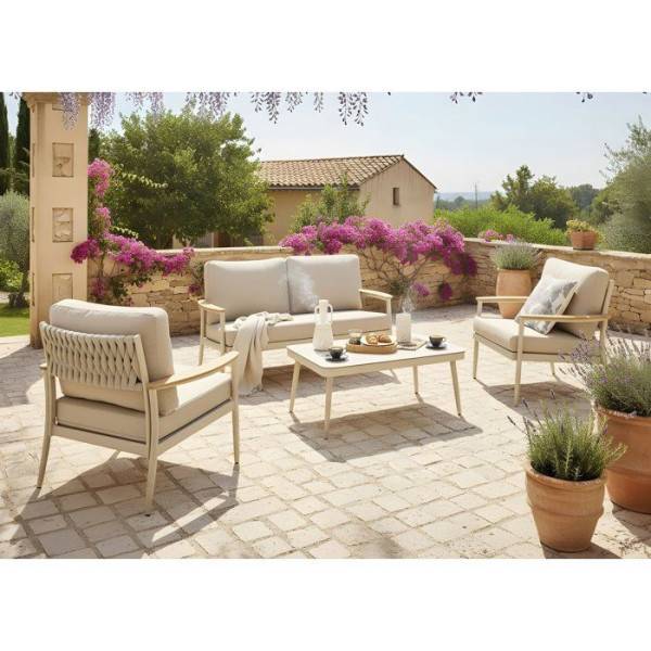 Proloisirs - Salon de jardin 4 pièces en aluminium et rope avec coussins – MANON – Coloris crème - Image 3
