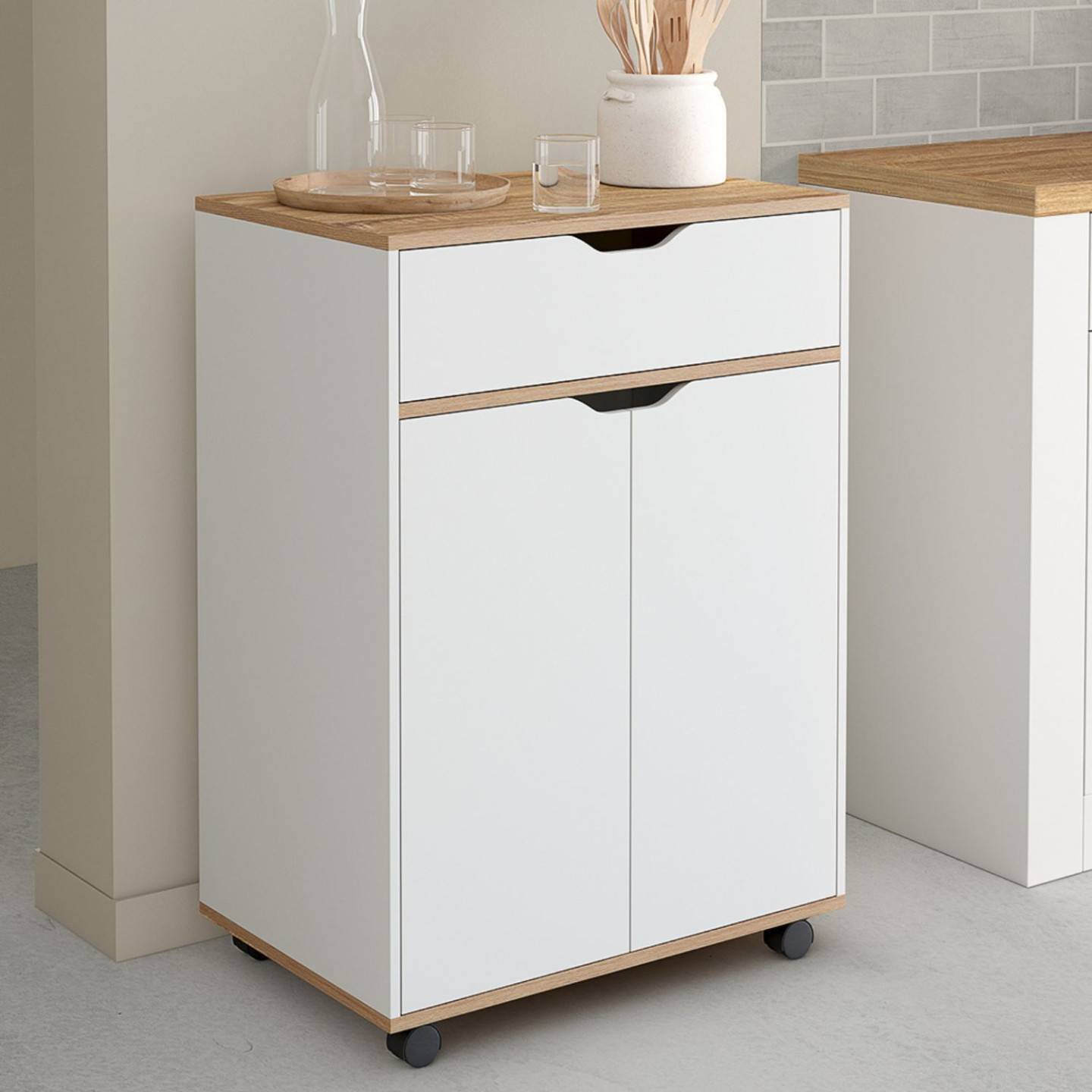 Desserte de cuisine COSY placard avec tiroir bois blanc et plateaux façon hêtre L.60 CM - Image 1