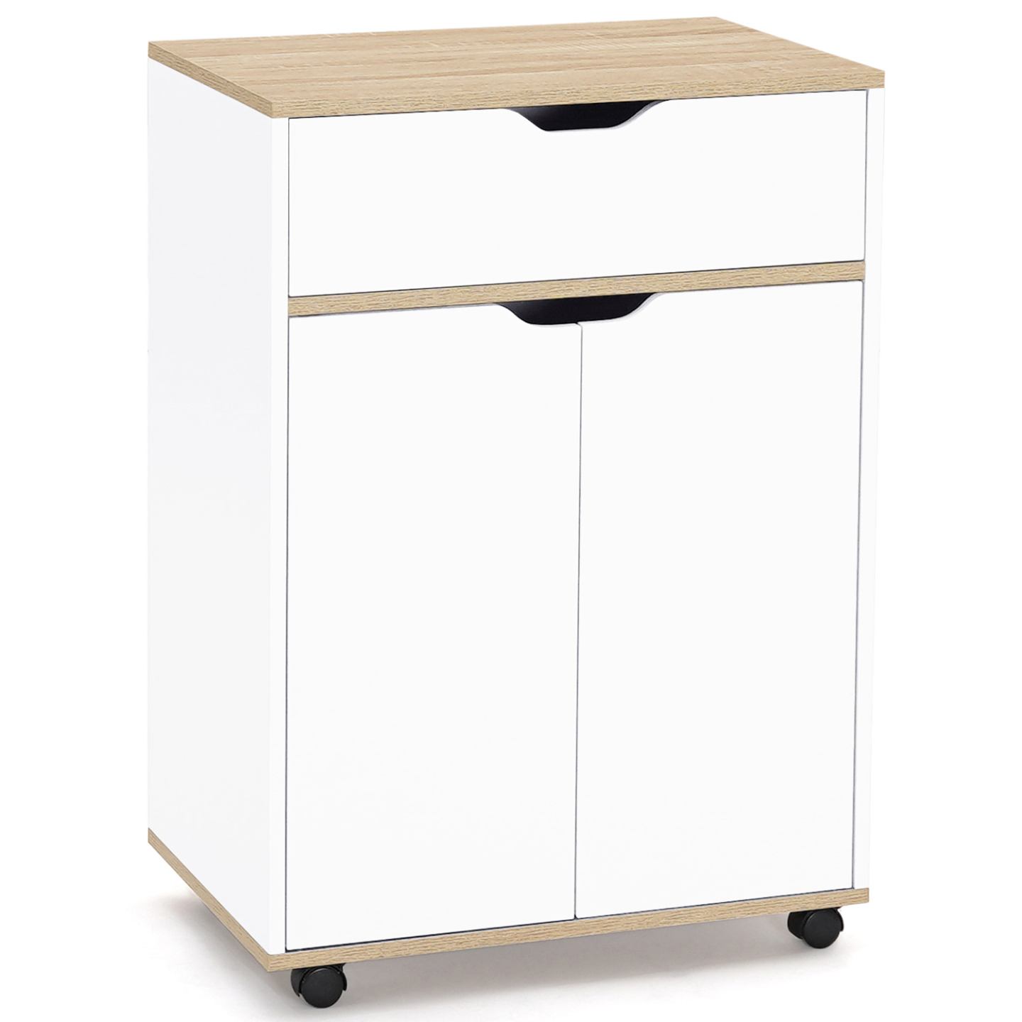 Desserte de cuisine COSY placard avec tiroir bois blanc et plateaux façon hêtre L.60 CM - Image 2
