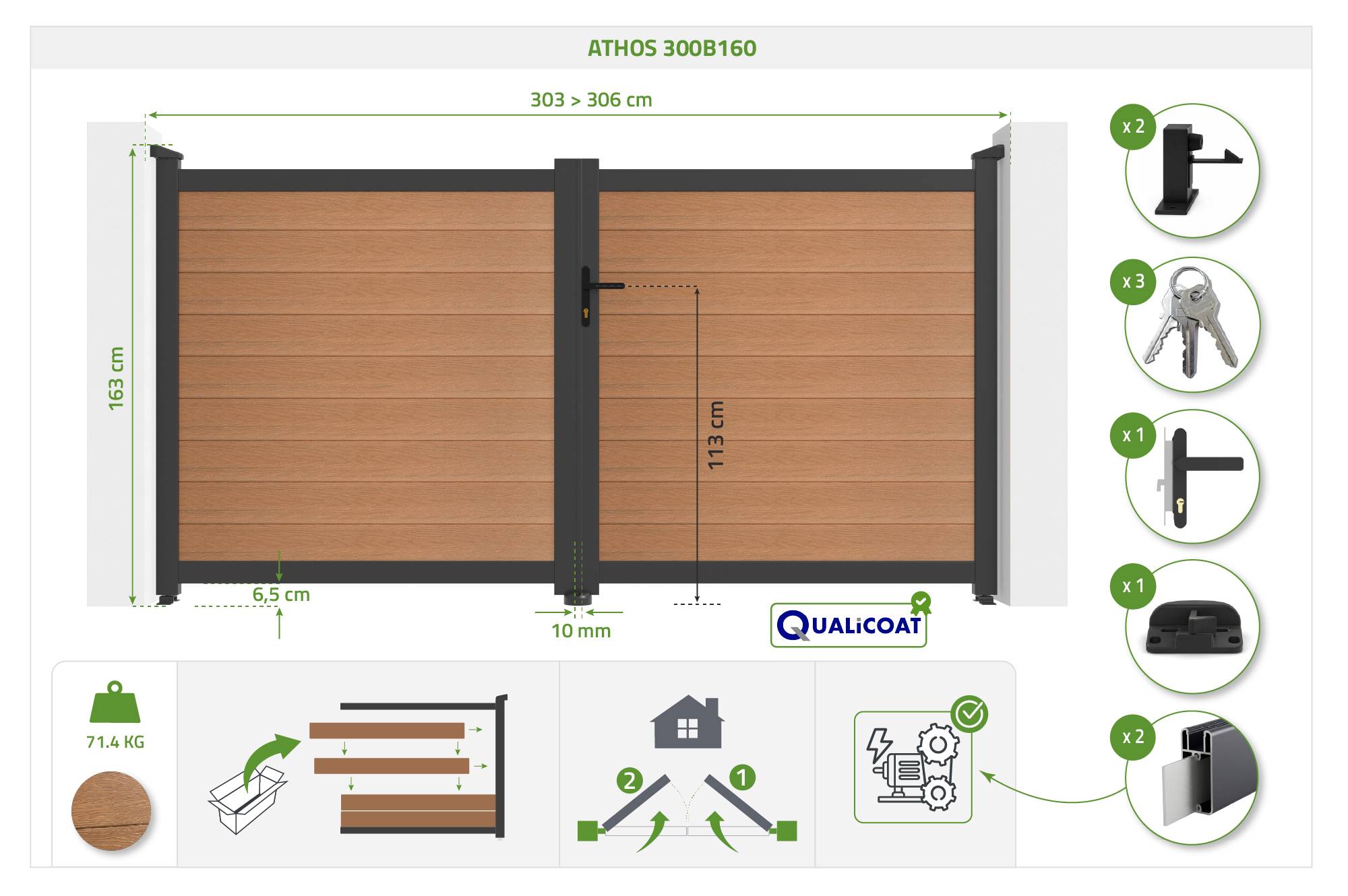 Casanoov Portail bois composite battant 3m ATHOS H.160cm teck avec cadre aluminium + motorisation HICKER B200 - Image 2