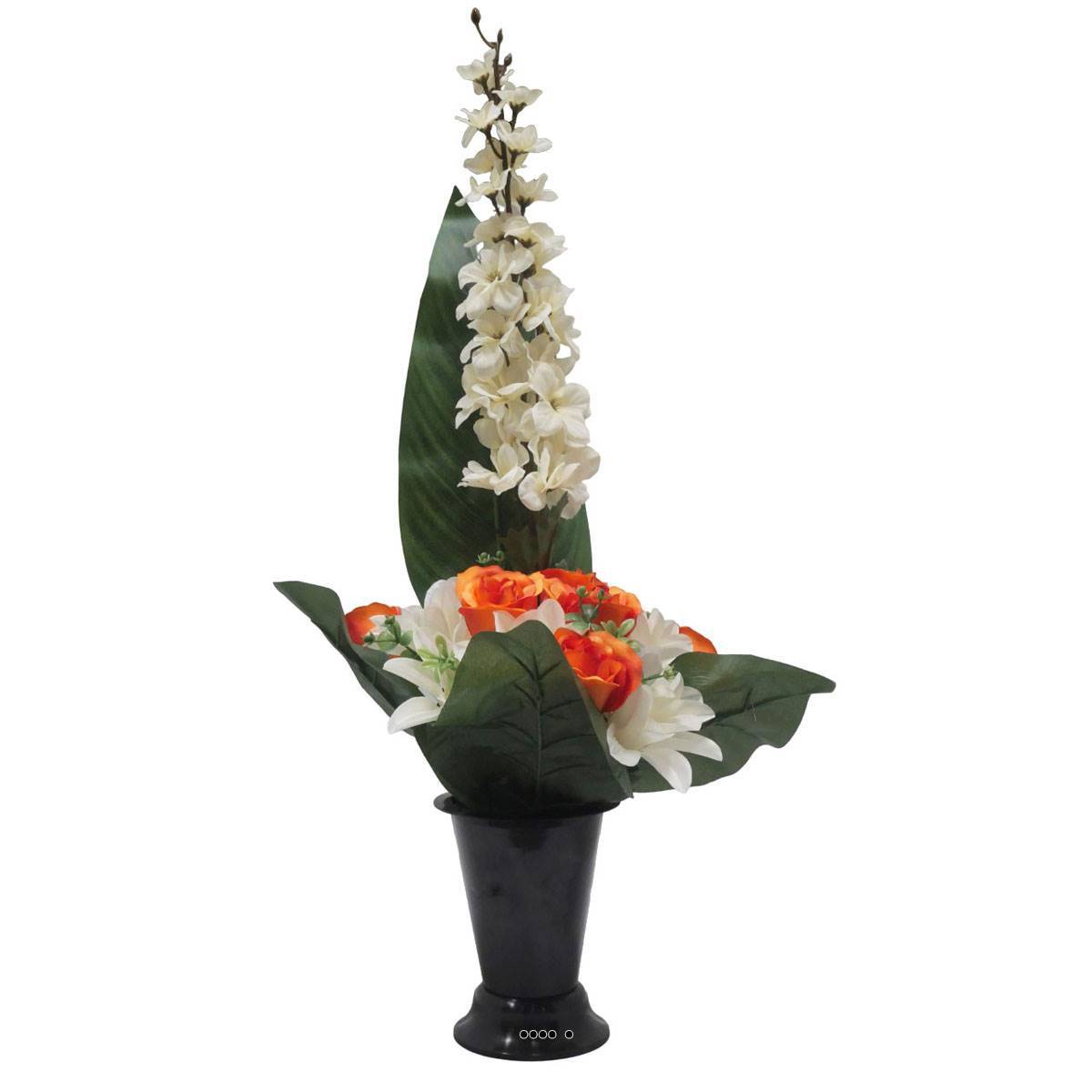 Artificielles - Pot Cone de fleurs artificielles de Rose, Orchidée et delphinium Orange pour la Toussaint - couleur: Orange - Imagen 2