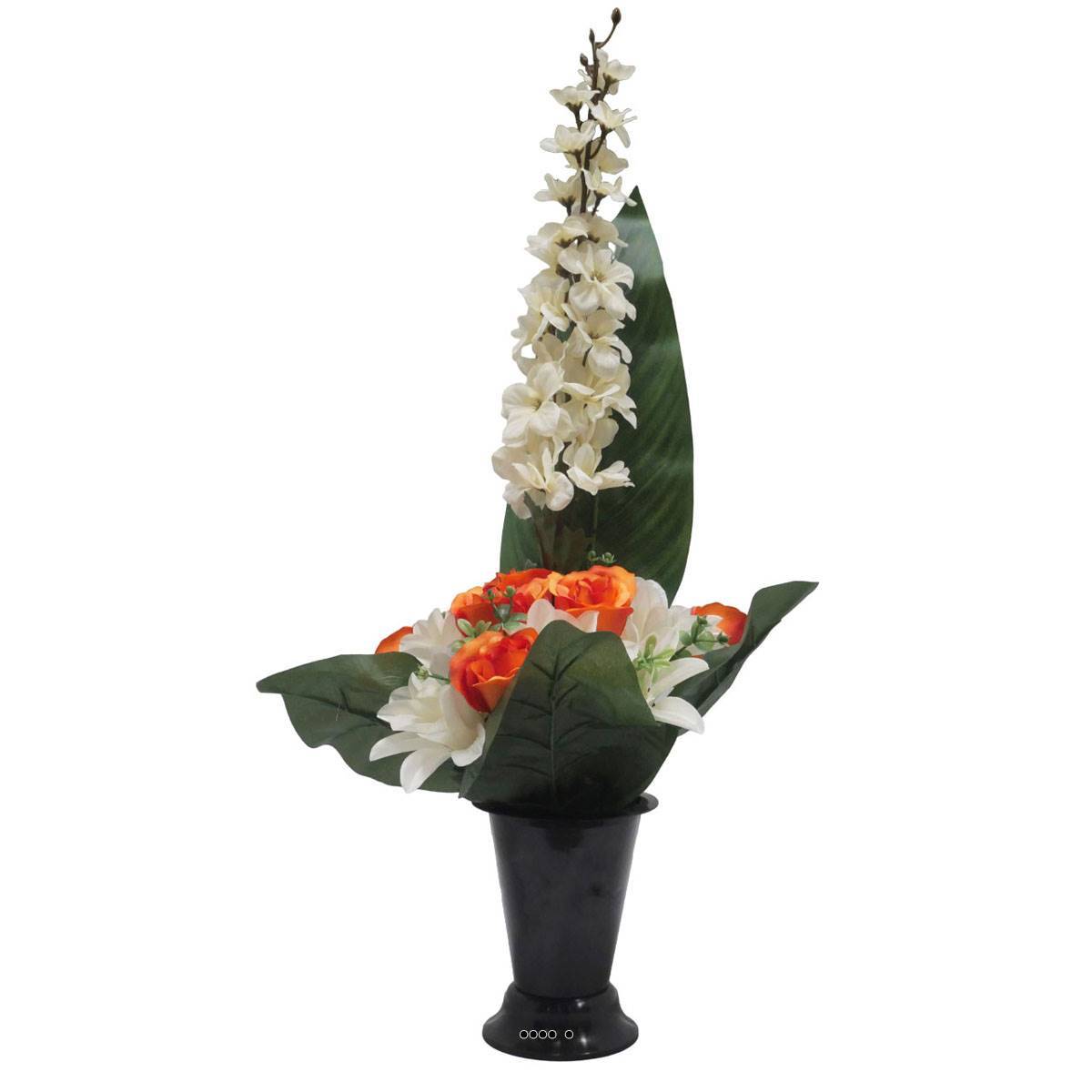 Artificielles - Pot Cone de fleurs artificielles de Rose, Orchidée et delphinium Orange pour la Toussaint - couleur: Orange - Imagen 1