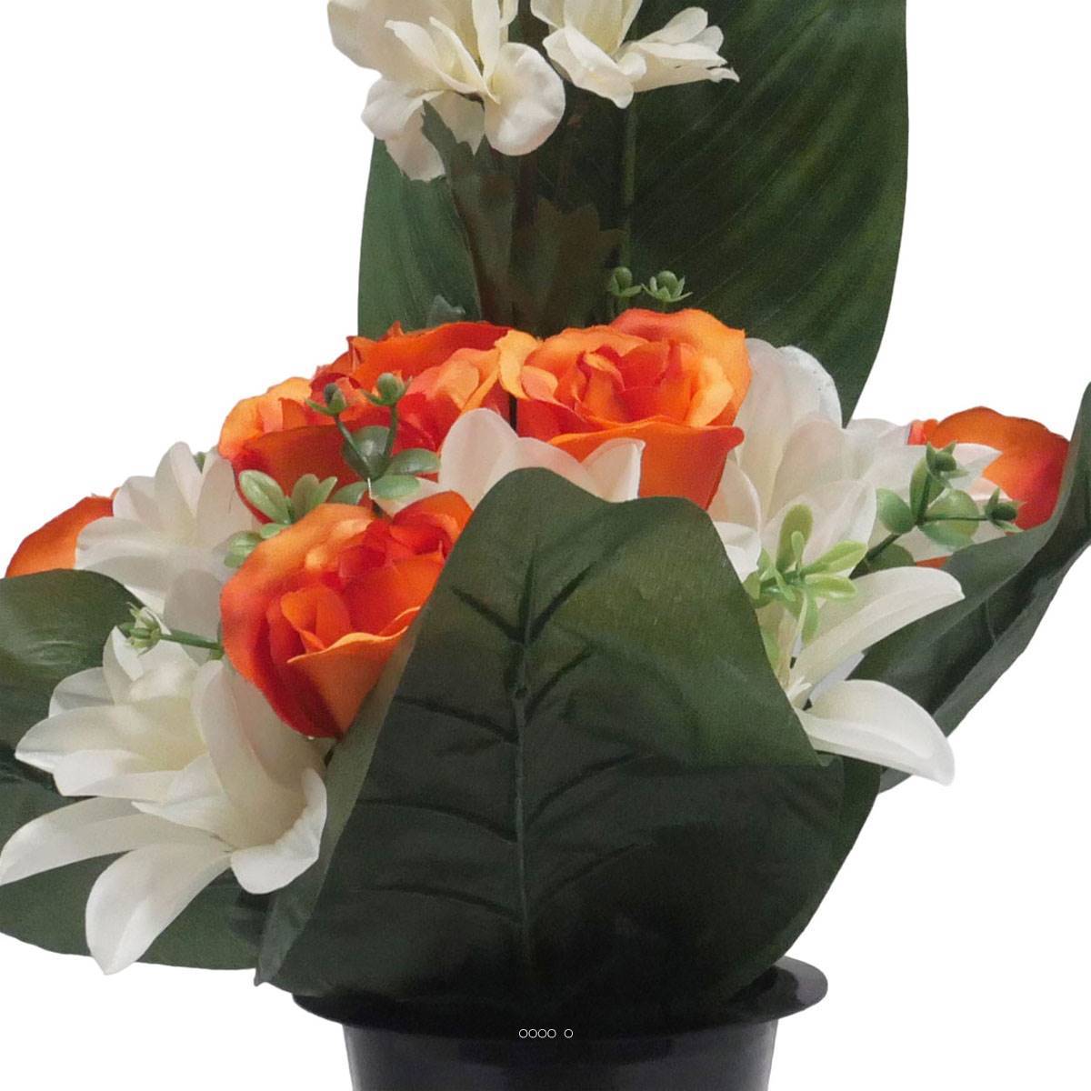 Artificielles - Pot Cone de fleurs artificielles de Rose, Orchidée et delphinium Orange pour la Toussaint - couleur: Orange - Imagen 3