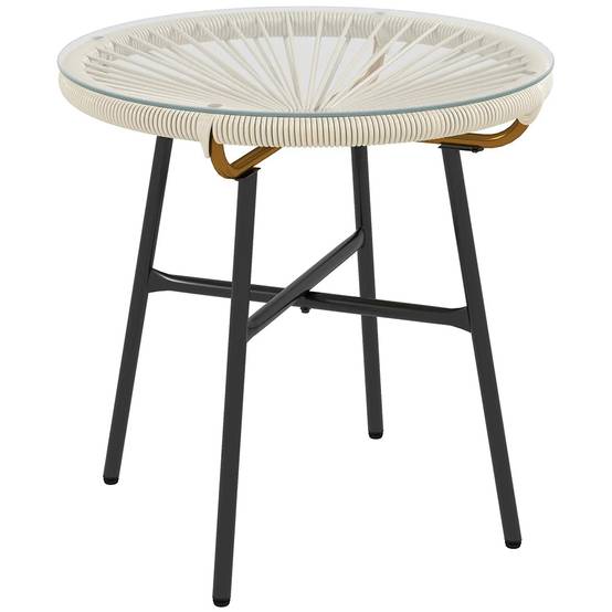 Table basse ronde de jardin en résine aspect rotin métal et plateau verre trempé Ø 50 x 50 cm, crème - Image 5