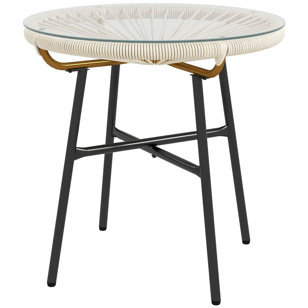 Table basse ronde de jardin en résine aspect rotin métal et plateau verre trempé Ø 50 x 50 cm, crème - Image 6