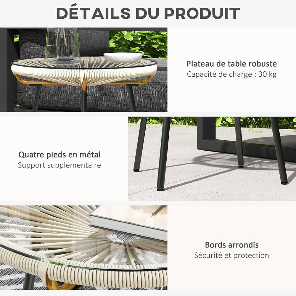 Table basse ronde de jardin en résine aspect rotin métal et plateau verre trempé Ø 50 x 50 cm， crème - Image 7