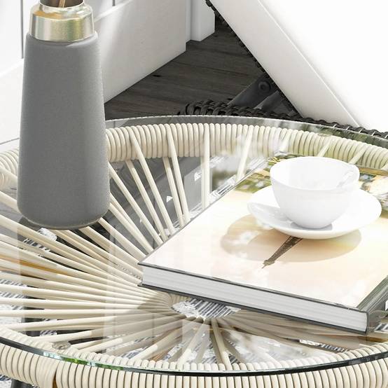 Table basse ronde de jardin en résine aspect rotin métal et plateau verre trempé Ø 50 x 50 cm, crème - Image 3