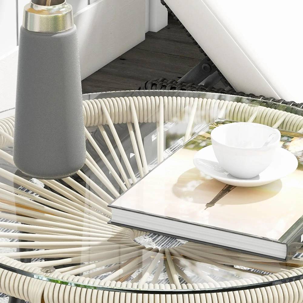 Table basse ronde de jardin en résine aspect rotin métal et plateau verre trempé Ø 50 x 50 cm， crème - Image 3