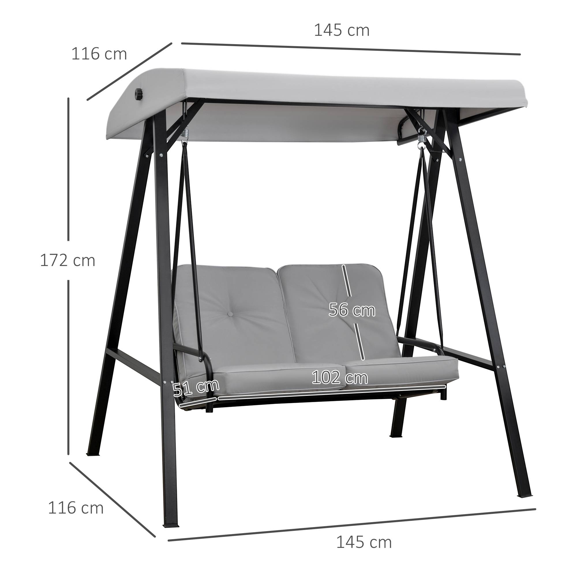 Outsunny - Balancelle de jardin 2 places grand confort coussins d'assise et dossier fournis accoudoirs pare-soleil gris - Outsunny - Imagen 3